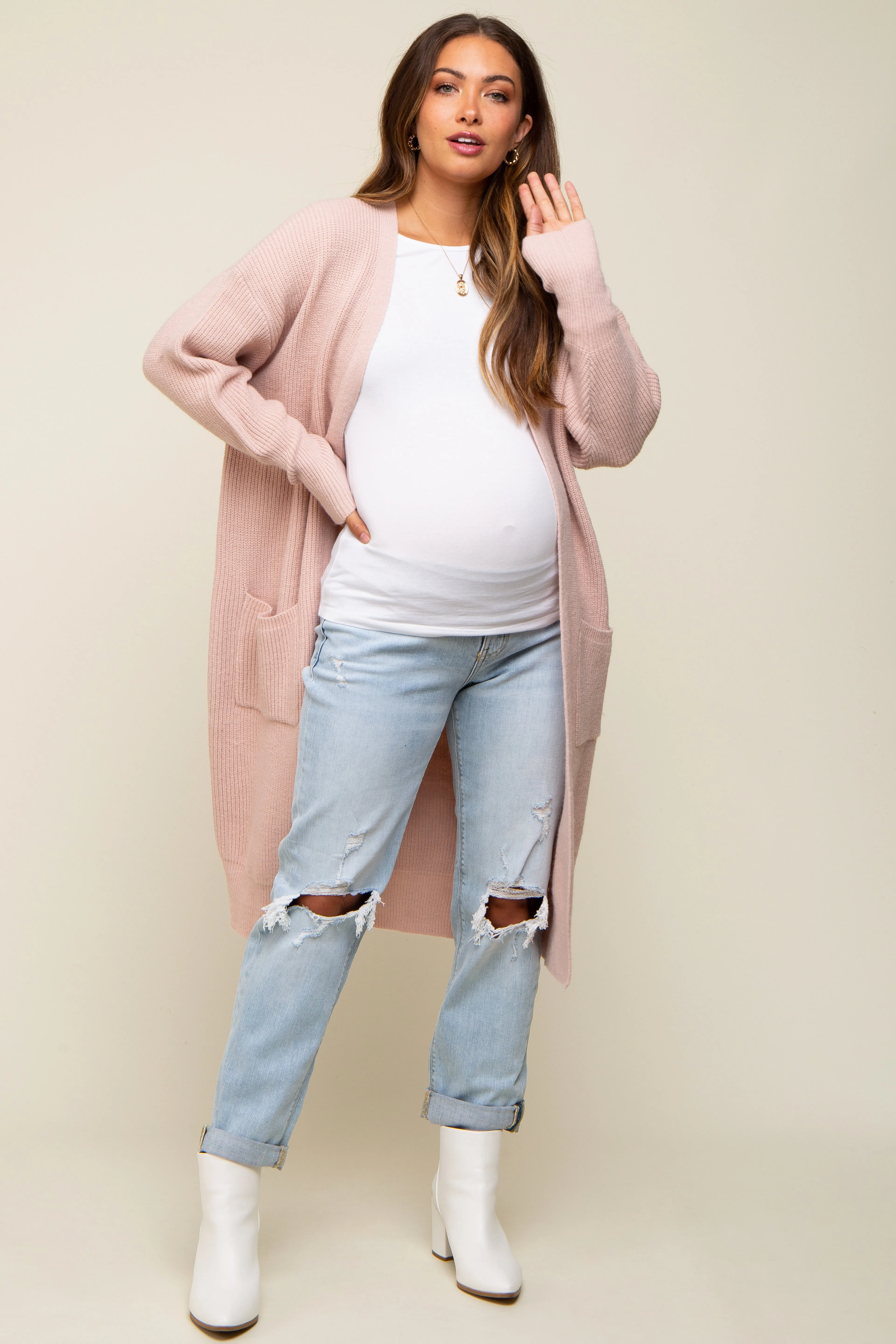 Light Pink Chunky Knit Long Sweater Maternity Cardigan sold by Pinkblush