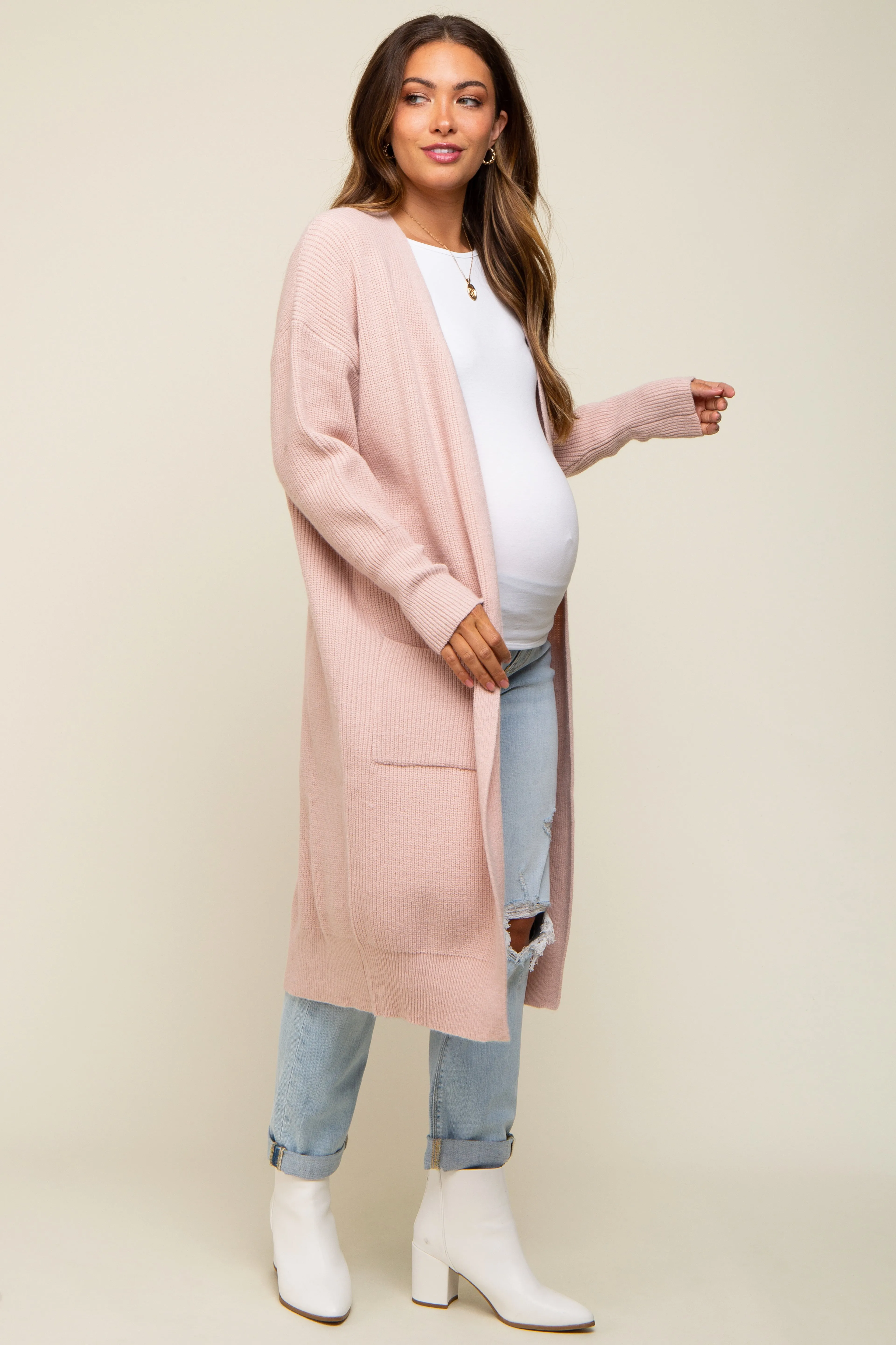 Light Pink Chunky Knit Long Sweater Maternity Cardigan sold by Pinkblush product image thumbnail 5