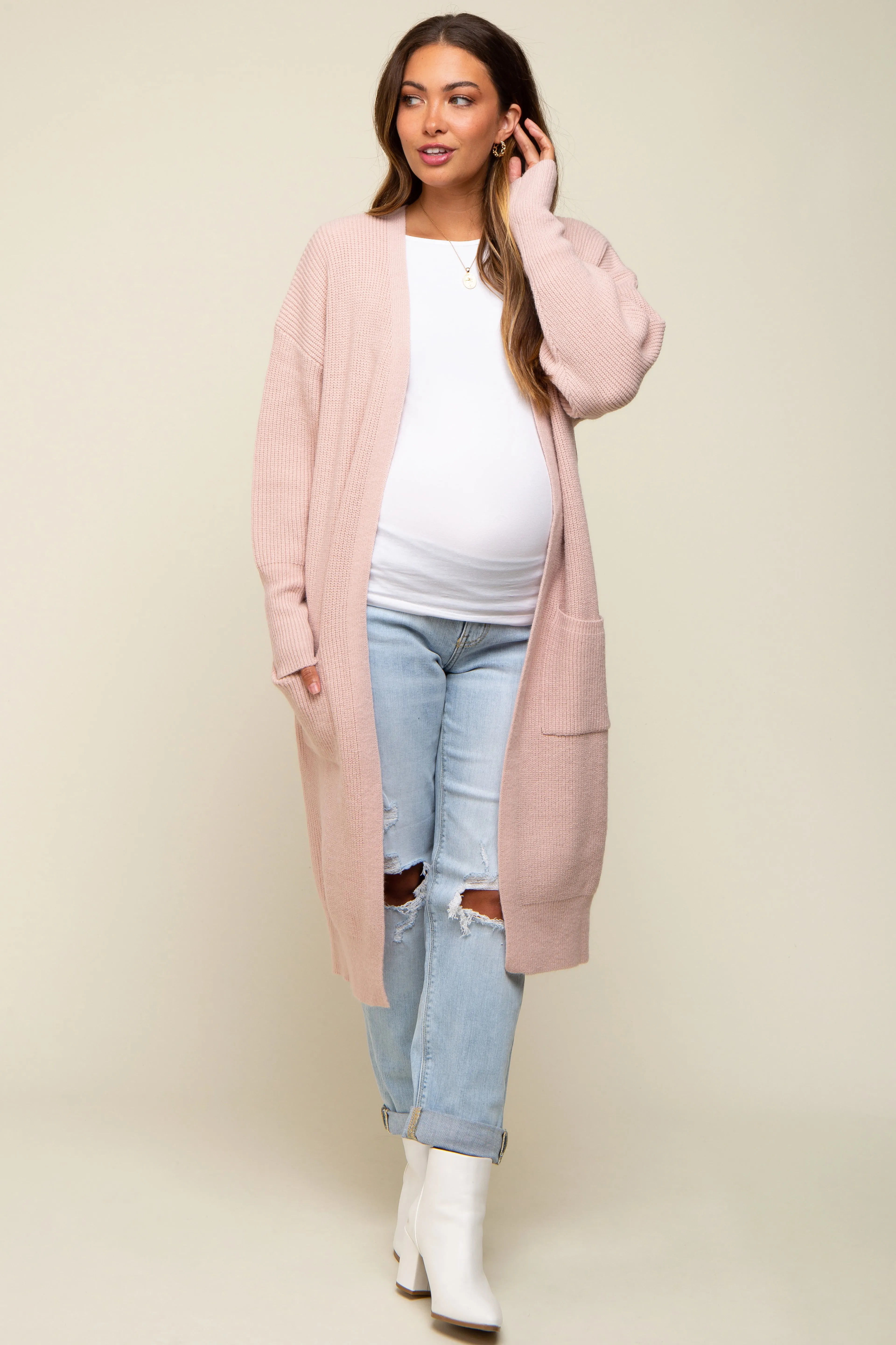 Light Pink Chunky Knit Long Sweater Maternity Cardigan sold by Pinkblush product image thumbnail 2