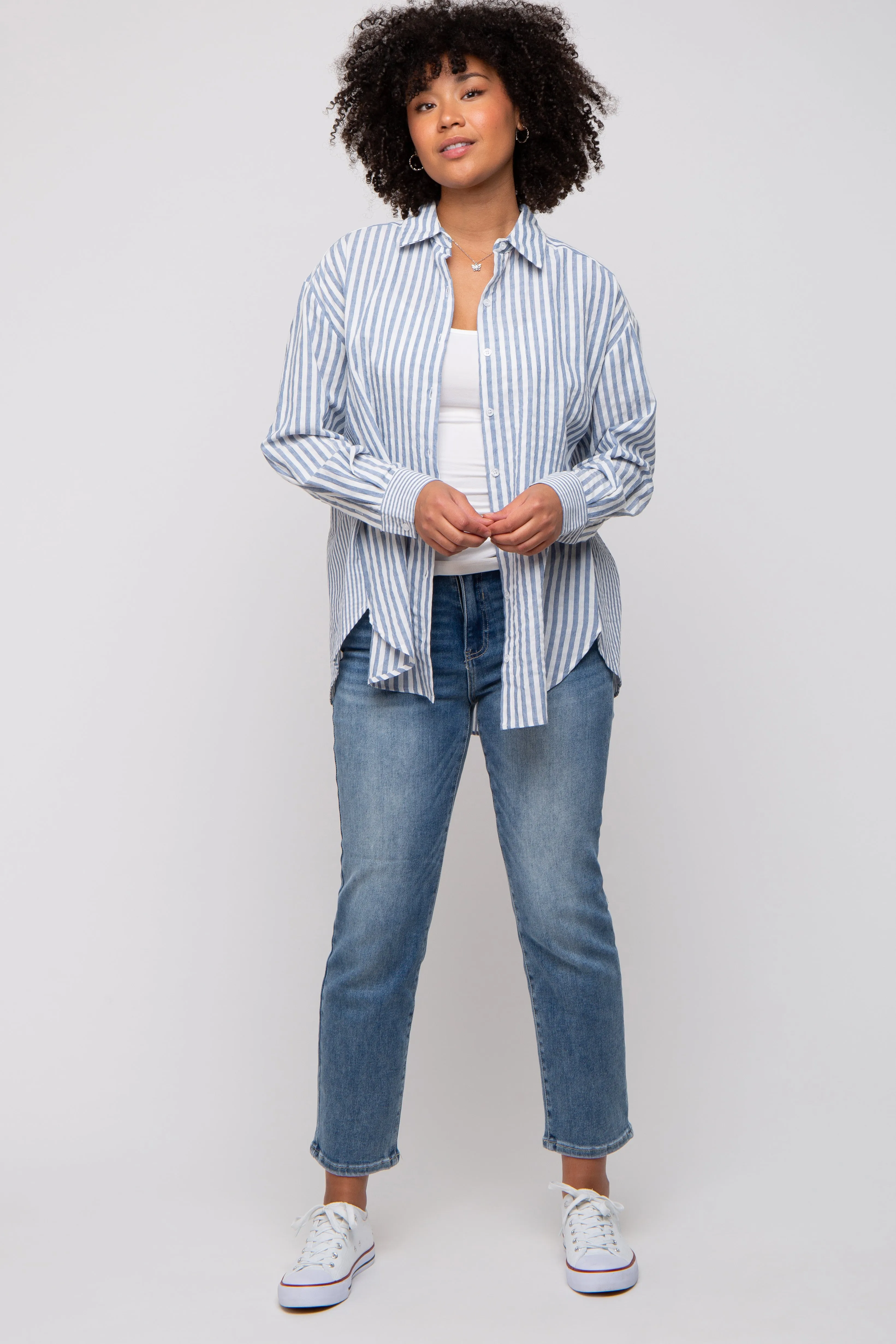 Blue Striped Button Up Long Sleeve Top sold by Pinkblush product image thumbnail 4