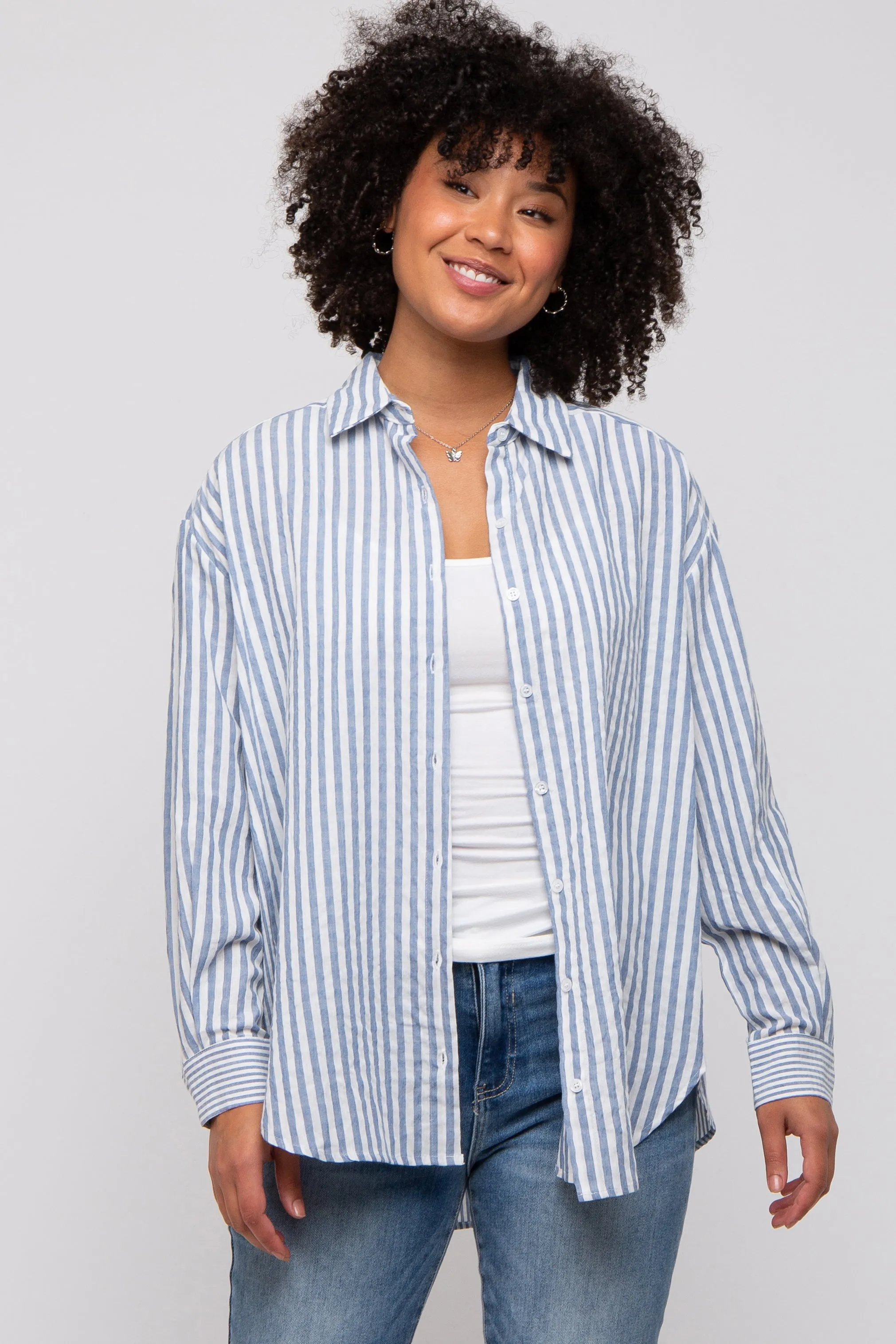 Blue Striped Button Up Long Sleeve Top sold by Pinkblush