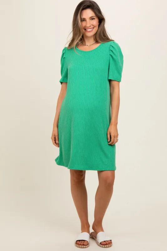 Green Washed Ribbed Puff Sleeve Maternity Dress sold by Pinkblush