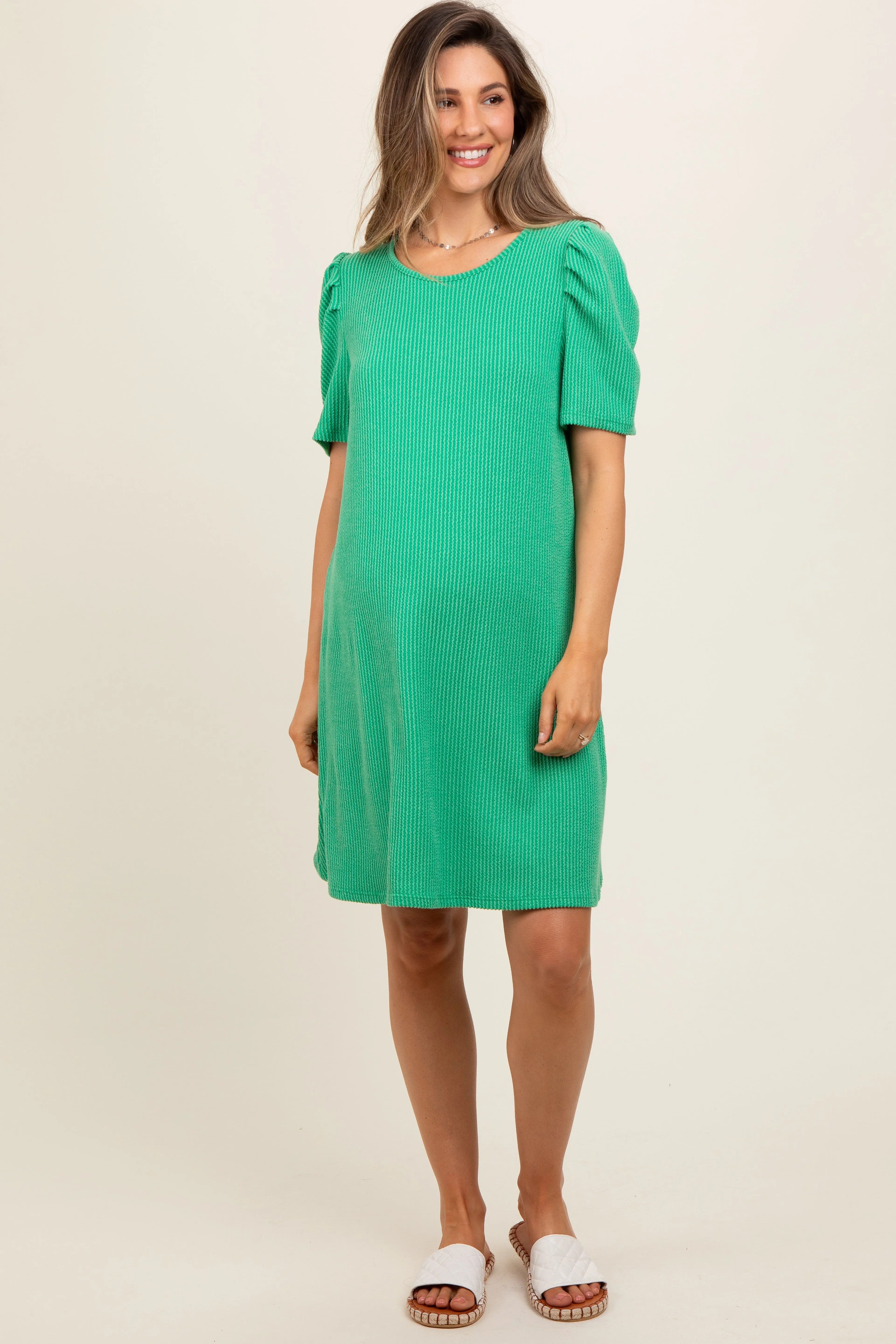 Green Washed Ribbed Puff Sleeve Maternity Dress sold by Pinkblush product image thumbnail 2