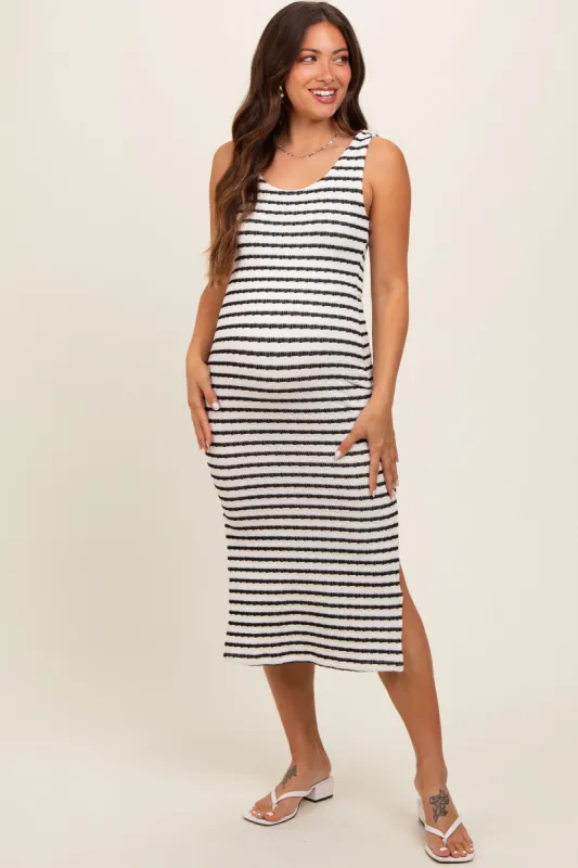 Black Striped Side Slit Maternity Midi Dress sold by Pinkblush