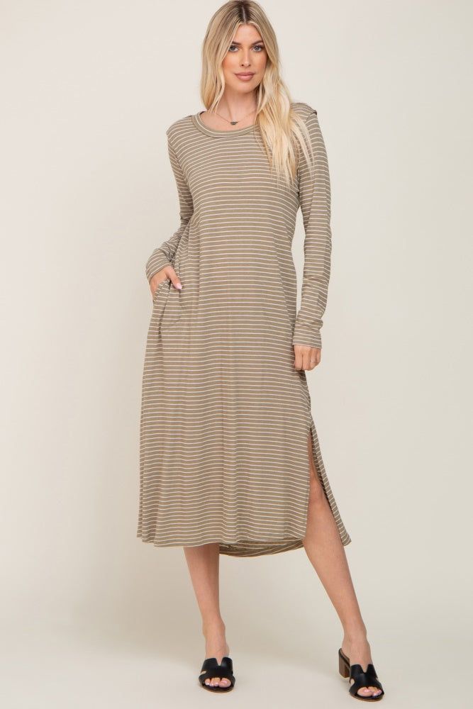 Light Olive Striped Side Slit Maternity Midi Dress sold by Pinkblush product image thumbnail 5