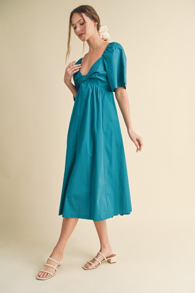 Teal Poplin Cotton Midi Dress With Front Twist sold by Pinkblush product image thumbnail 2
