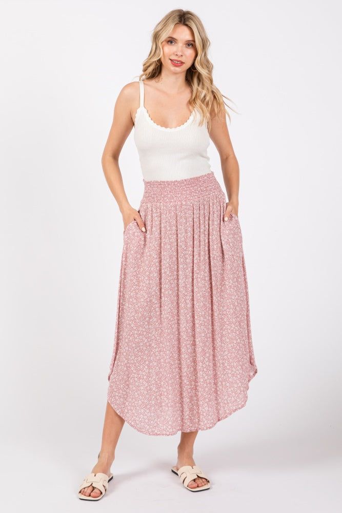 Mauve Floral Smocked Waist Skirt sold by Pinkblush