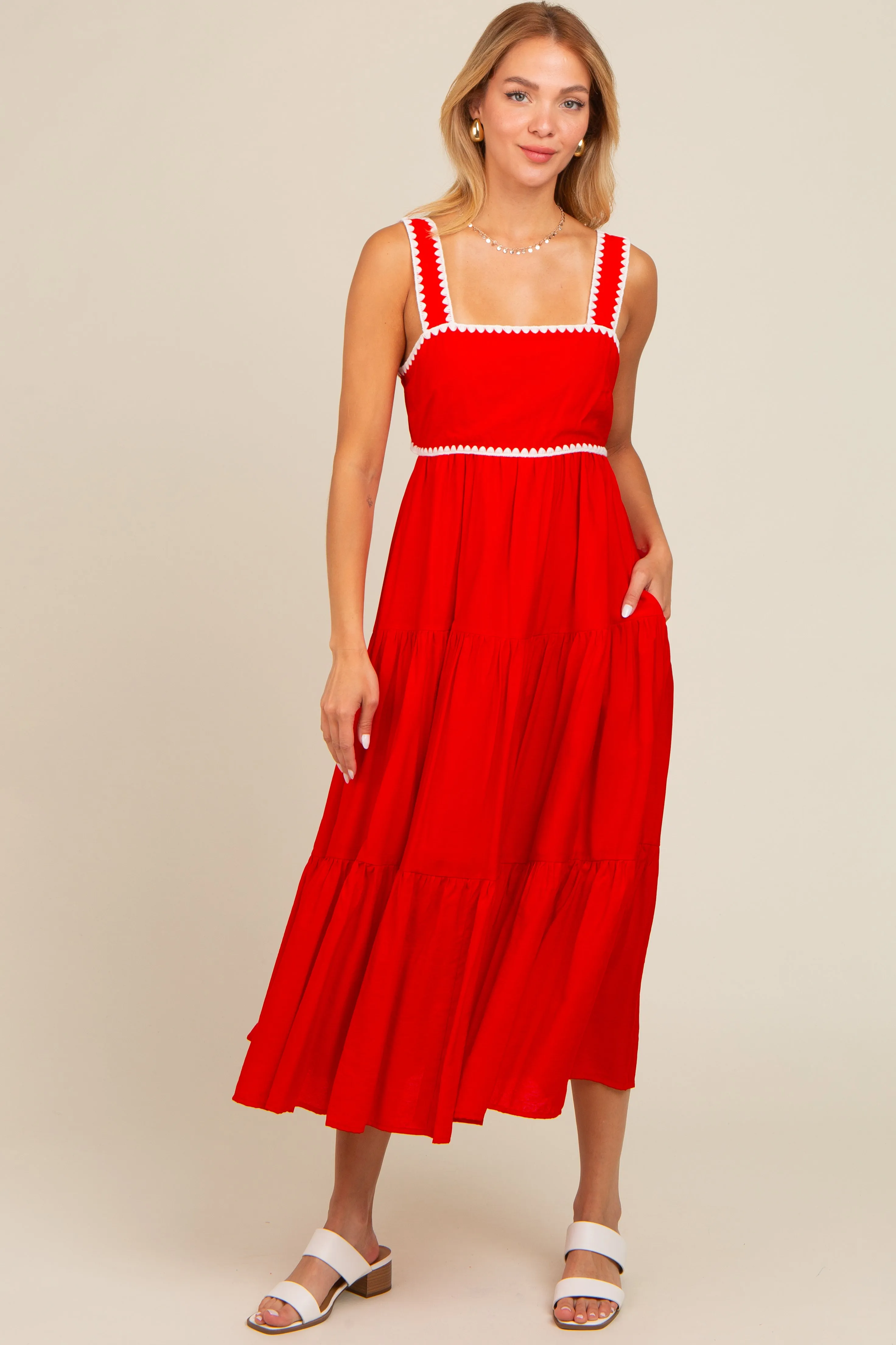Red Scallop Trim Tiered Midi Dress sold by Pinkblush
