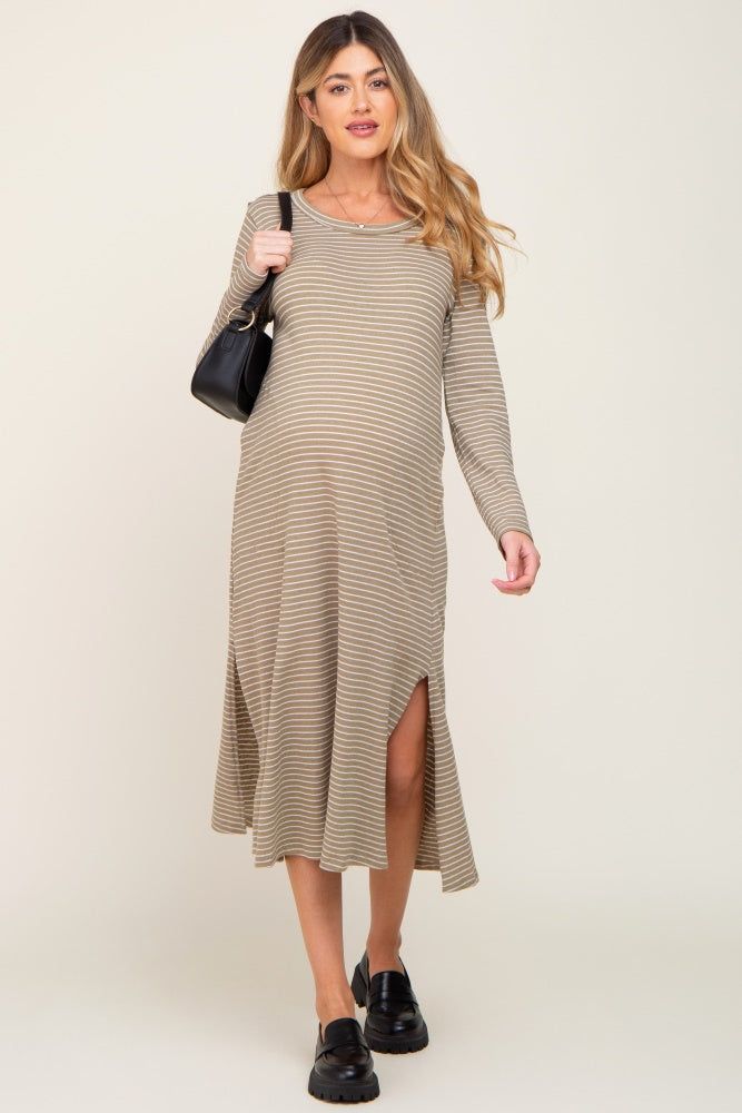 Light Olive Striped Side Slit Maternity Midi Dress sold by Pinkblush product image thumbnail 3
