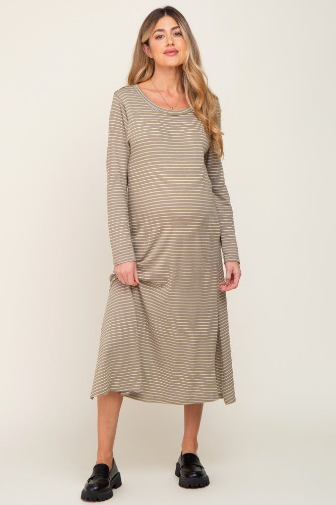 Light Olive Striped Side Slit Maternity Midi Dress sold by Pinkblush product image thumbnail 4