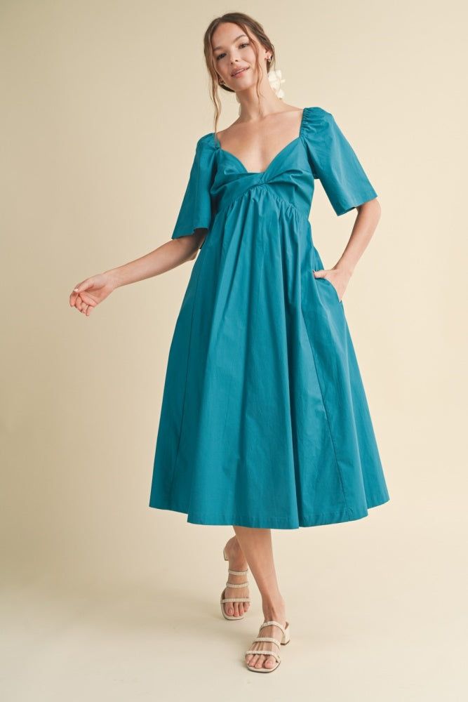 Teal Poplin Cotton Midi Dress With Front Twist sold by Pinkblush