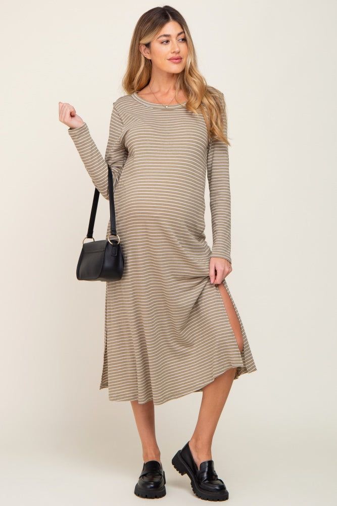 Light Olive Striped Side Slit Maternity Midi Dress sold by Pinkblush