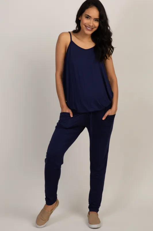 PinkBlush Navy Blue Basic Sleeveless Maternity Jumpsuit sold by Pinkblush