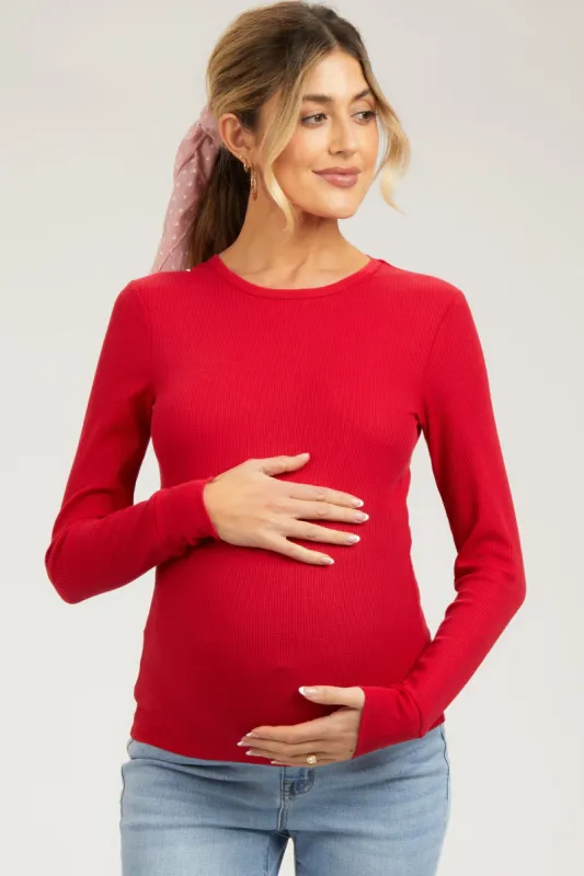 Red Waffle Knit Basic Long Sleeve Maternity Top sold by Pinkblush