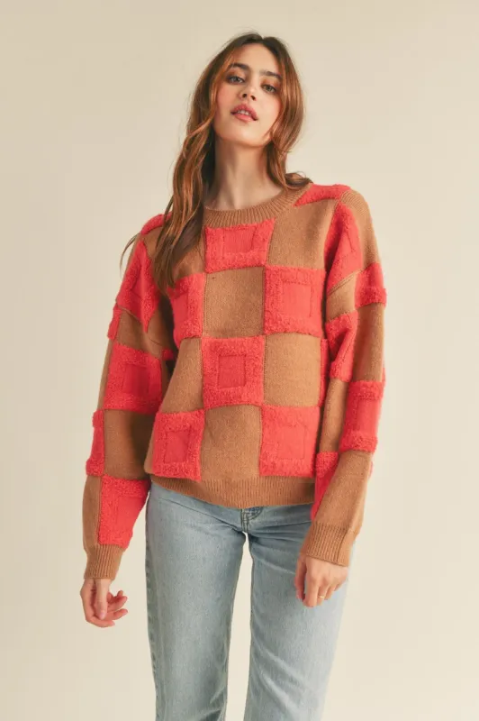 Taupe Magenta Textured Checkered Sweater Pullover sold by Pinkblush