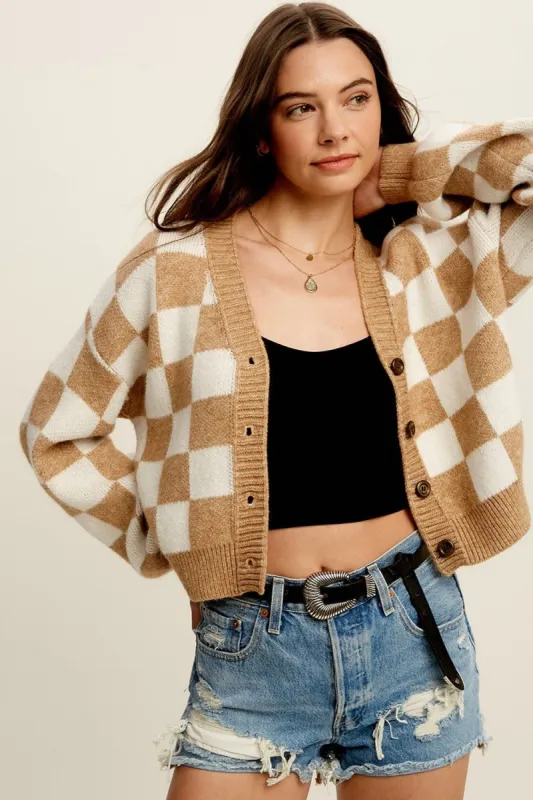 Taupe Bold Gingham Sweater Weaved Crop Cardigan sold by Pinkblush
