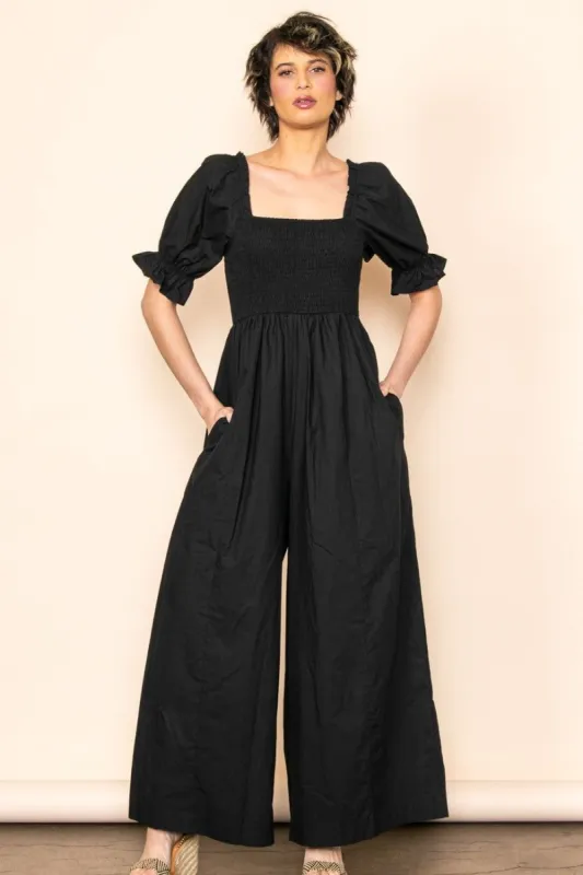 Black Smocked Square Neck Wide Leg Jumpsuit sold by Pinkblush