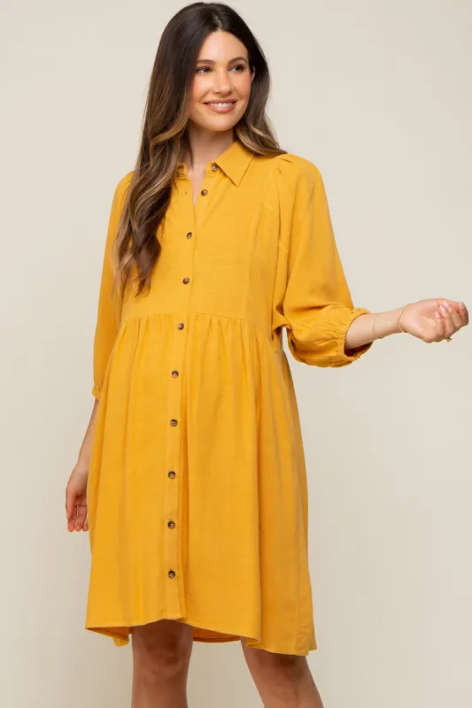 Mustard Button Down Collared Maternity Dress sold by Pinkblush
