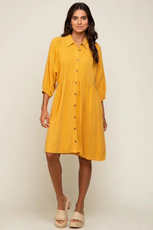 Mustard Button Down Collared Dress sold by Pinkblush