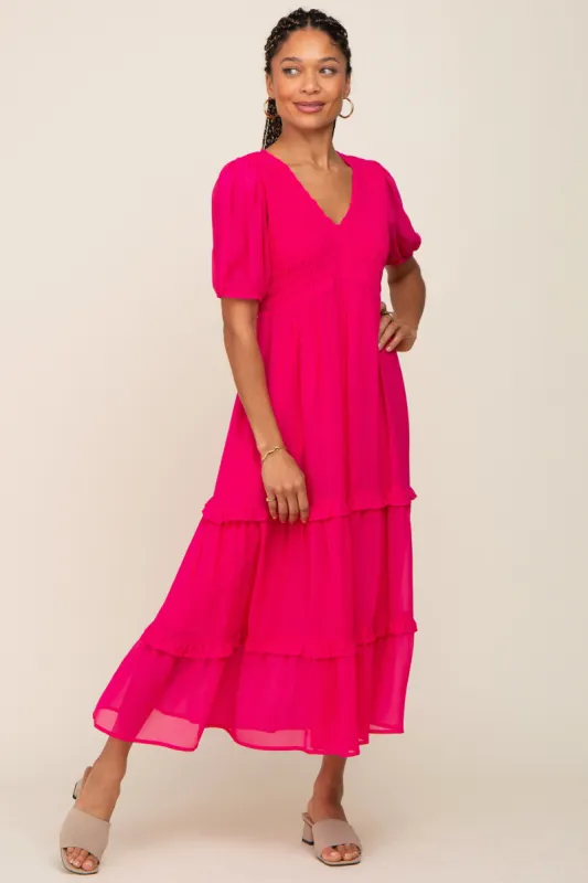 Fuchsia Chiffon Smocked V-Neck Ruffle Tiered Midi Dress sold by Pinkblush