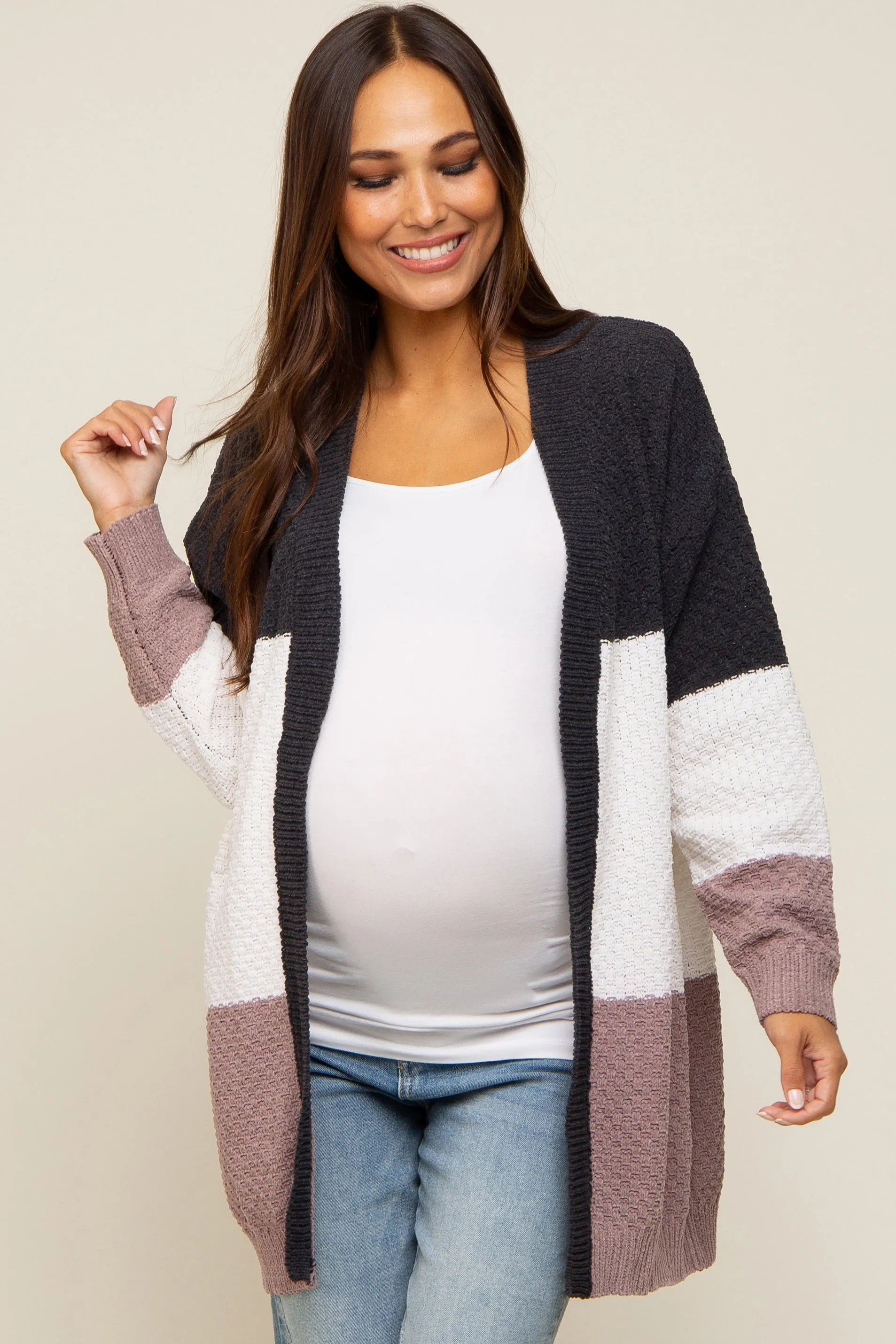 Charcoal Color Blocked Soft Knit Maternity Cardigan sold by Pinkblush product image thumbnail 2