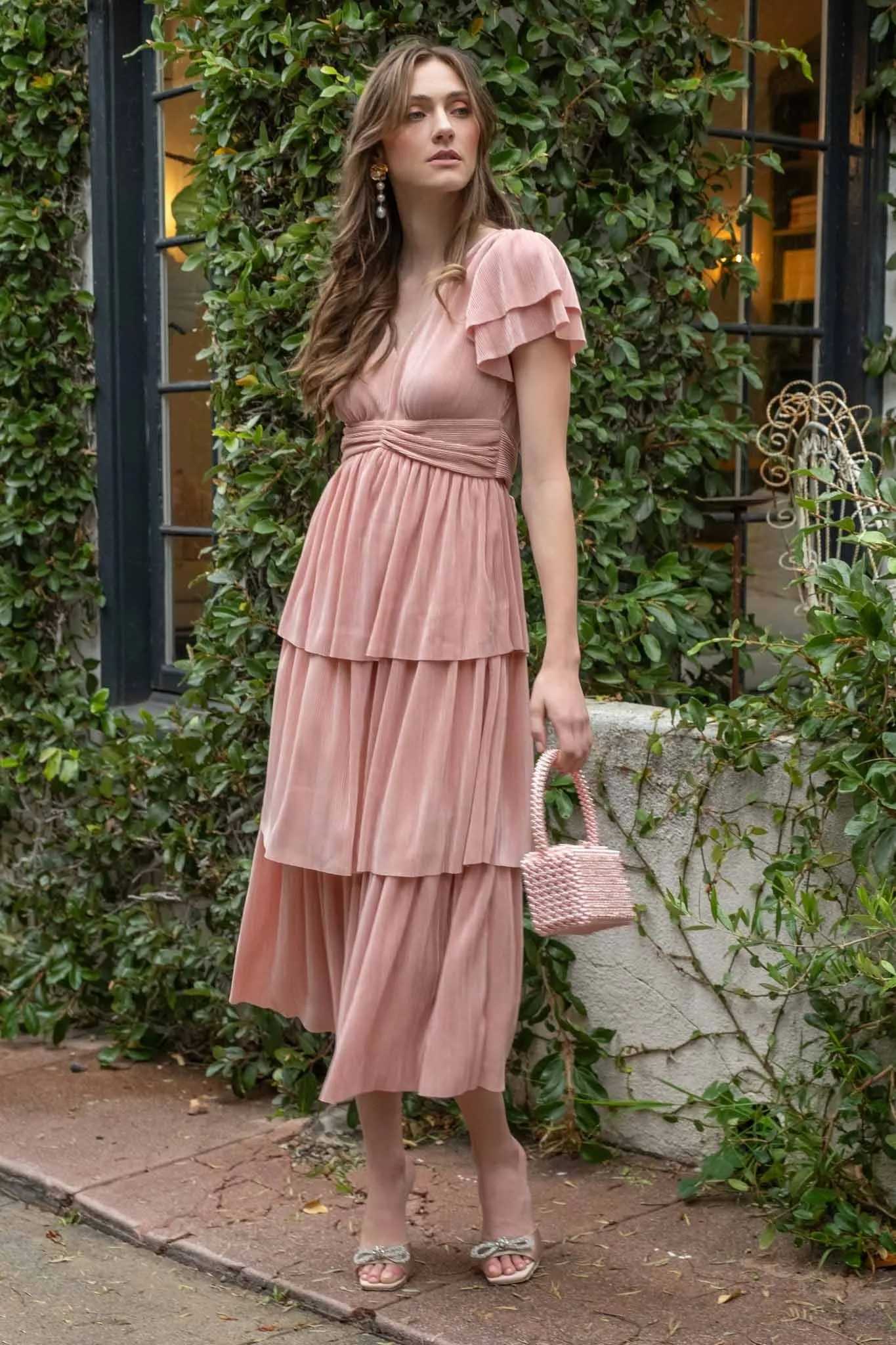 Pink Pleated Tiered Midi Dress sold by Pinkblush product image thumbnail 3