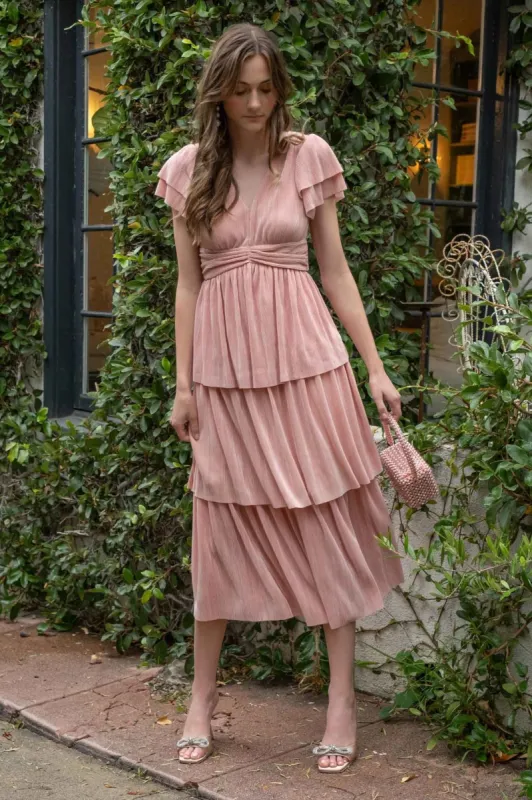 Pink Pleated Tiered Midi Dress sold by Pinkblush