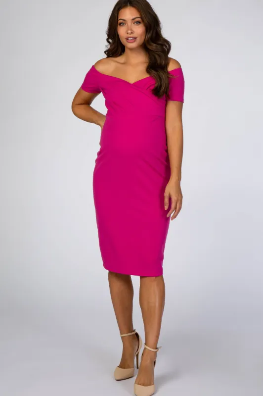 Magenta Solid Off Shoulder Maternity Fitted Dress sold by Pinkblush