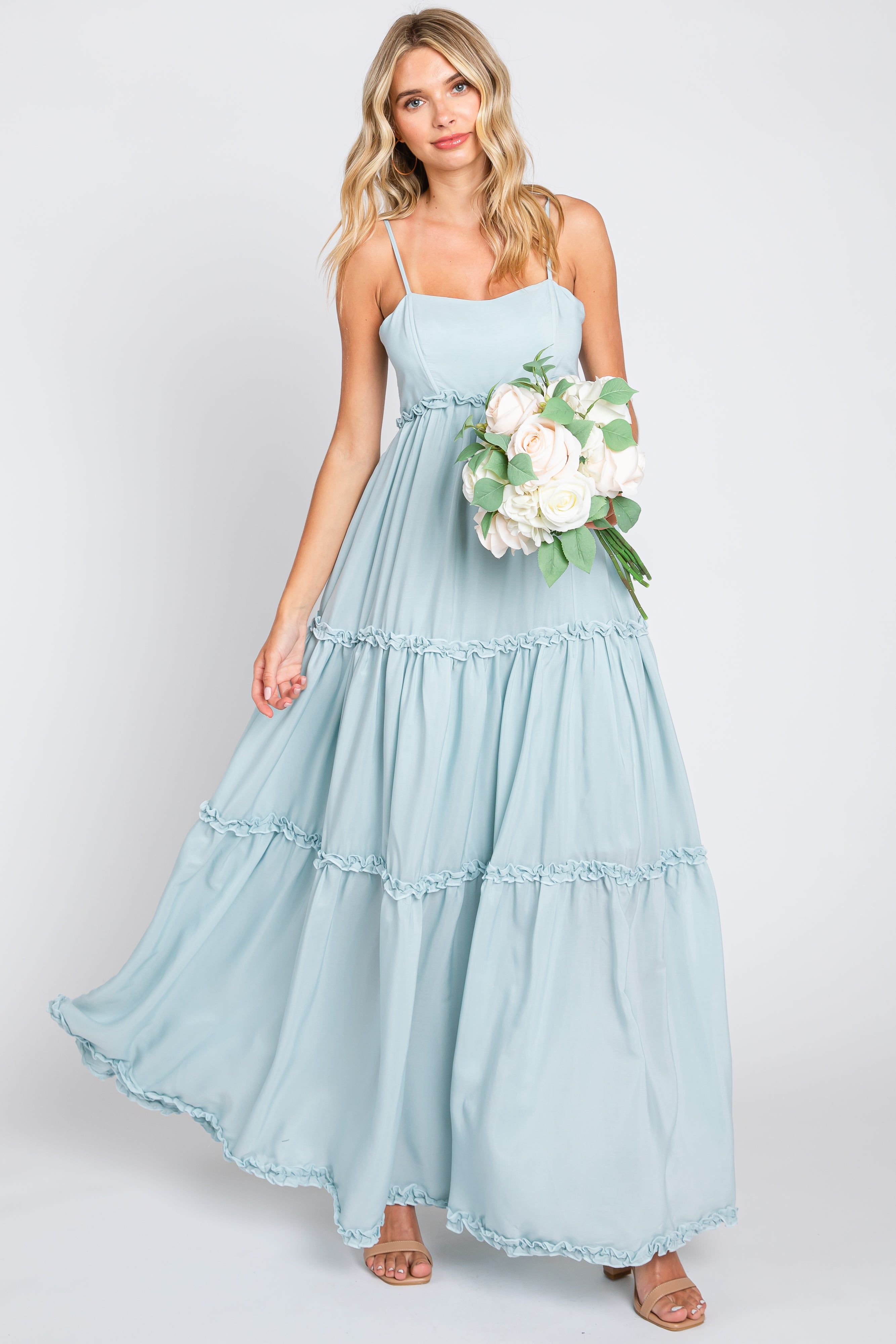 Light Blue Square Neck Ruffle Tiered Maxi Dress sold by Pinkblush product image thumbnail 5