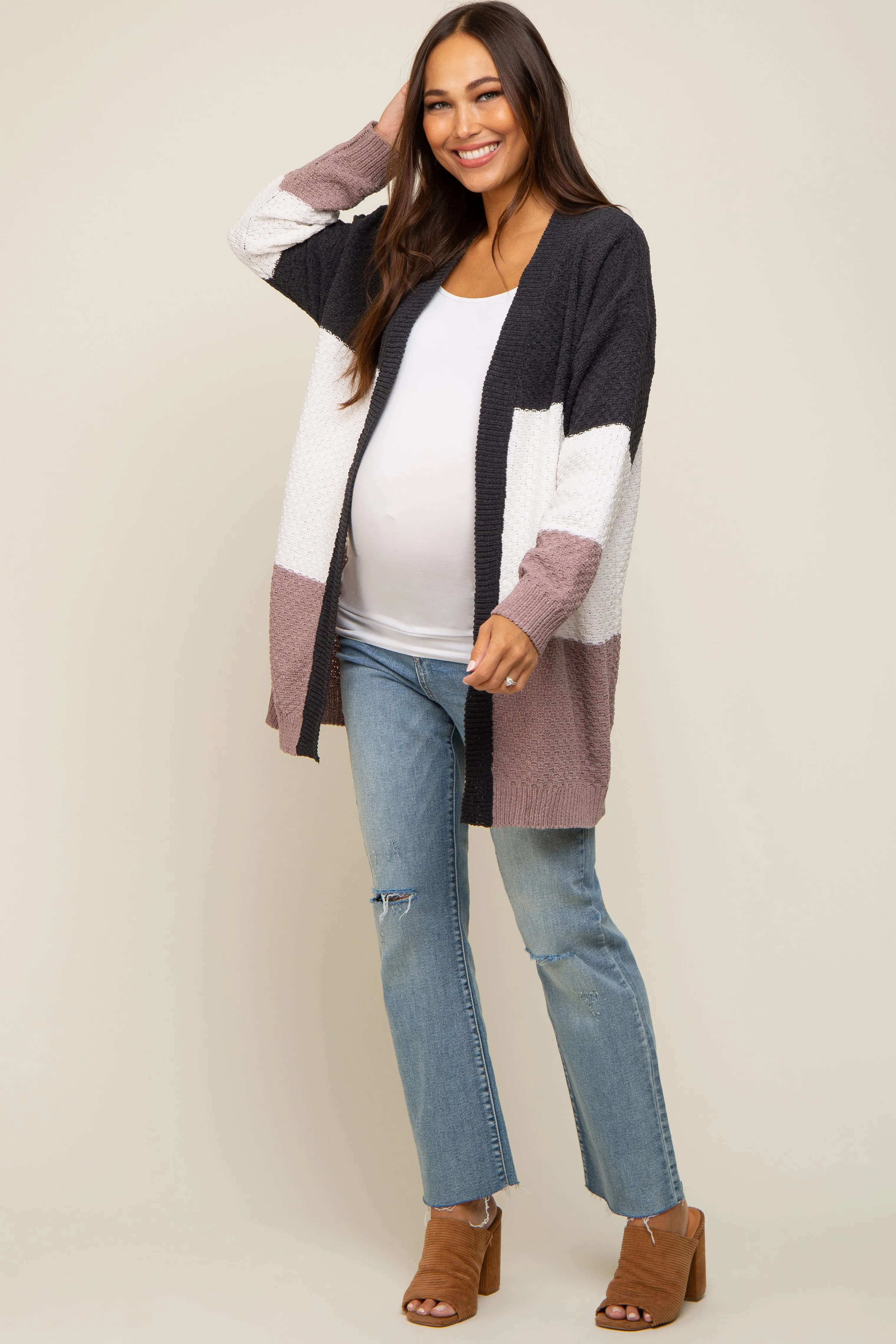 Charcoal Color Blocked Soft Knit Maternity Cardigan sold by Pinkblush