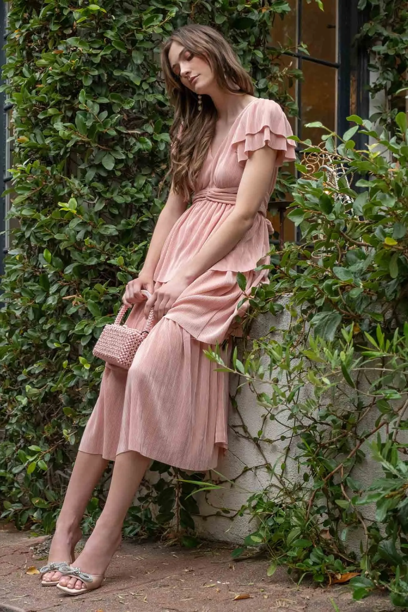 Pink Pleated Tiered Midi Dress sold by Pinkblush product image thumbnail 2