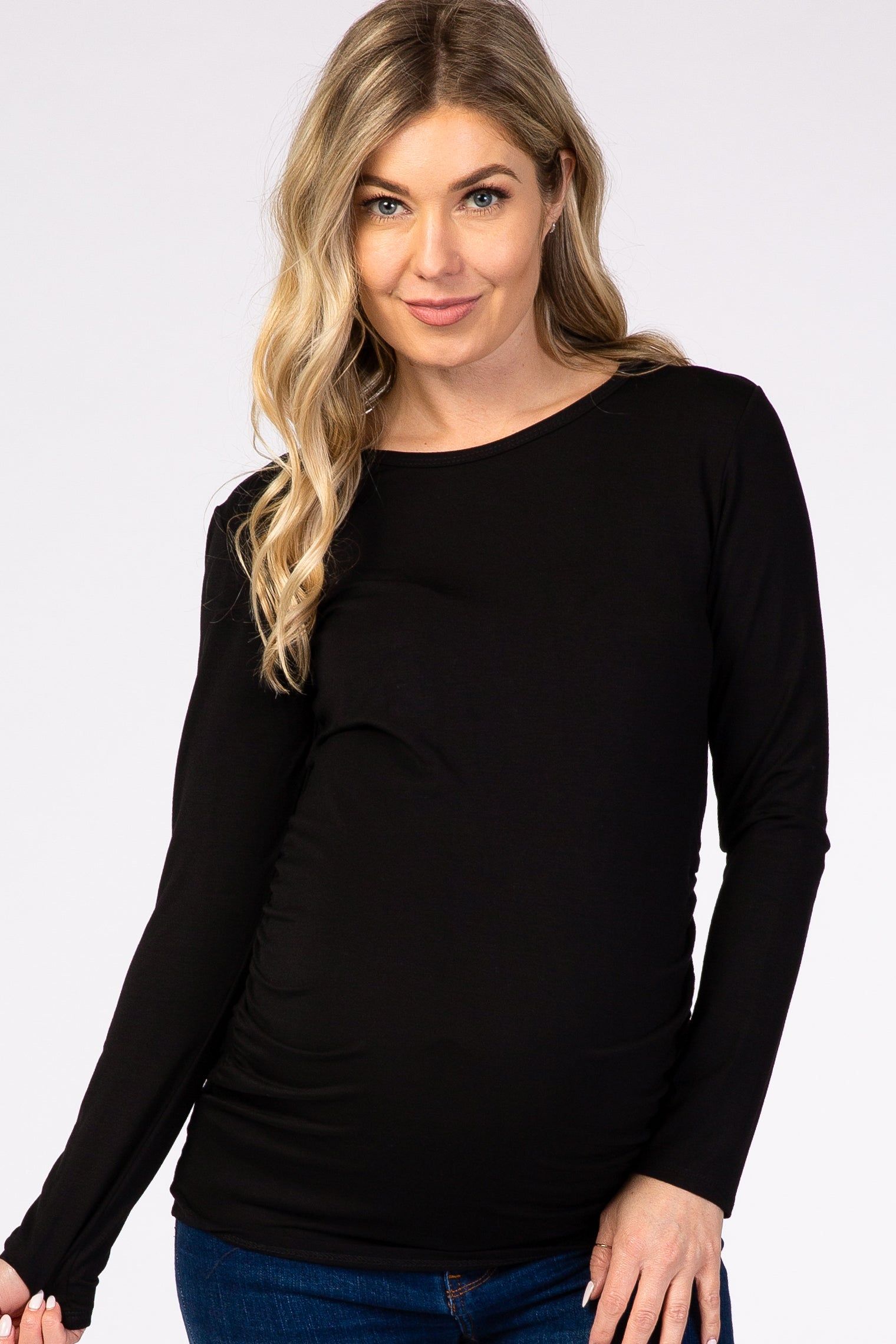 Black Long Sleeve Ruched Fitted Maternity Top sold by Pinkblush
