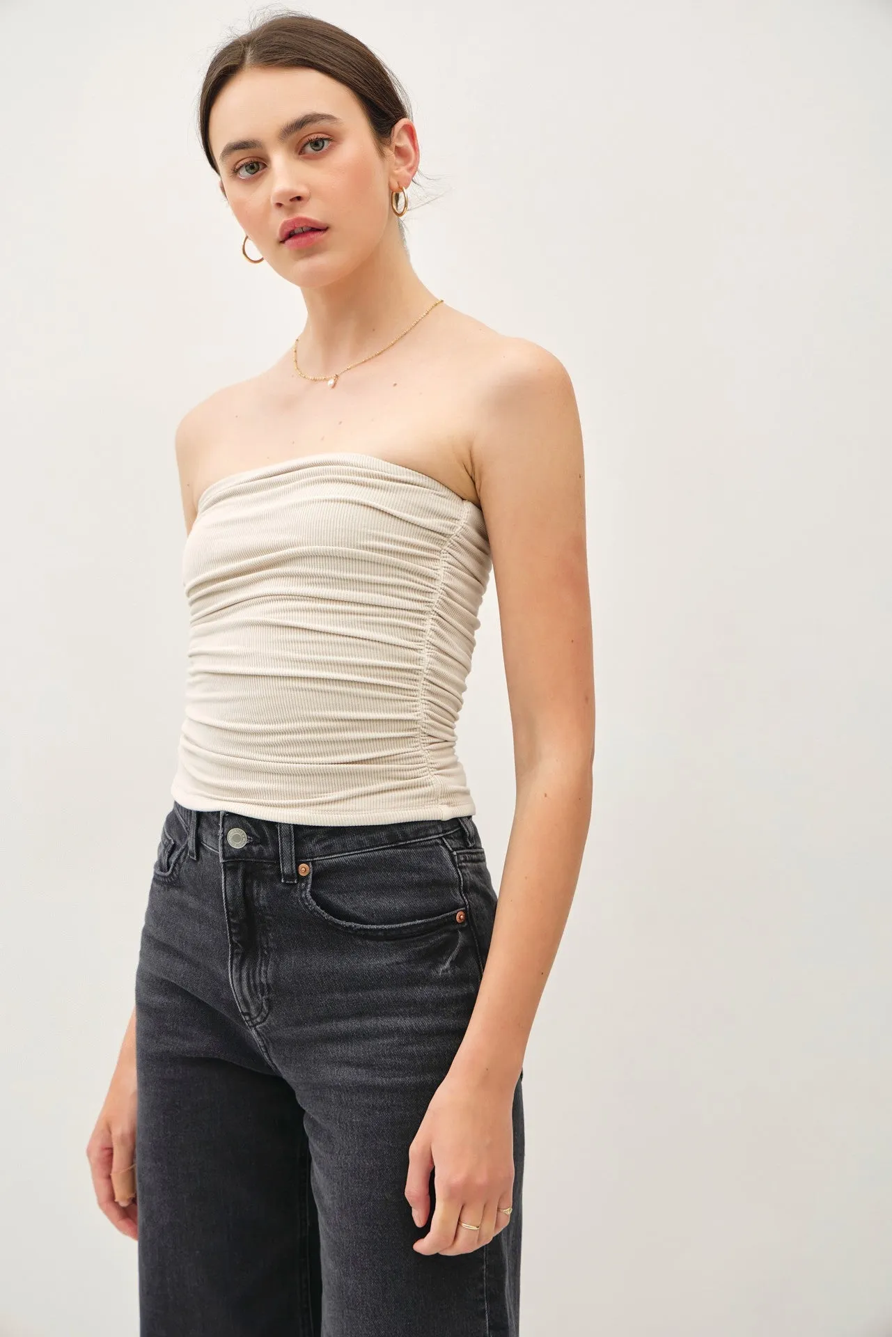 Ecru Jersey Ruched Crop Tube Top sold by Pinkblush