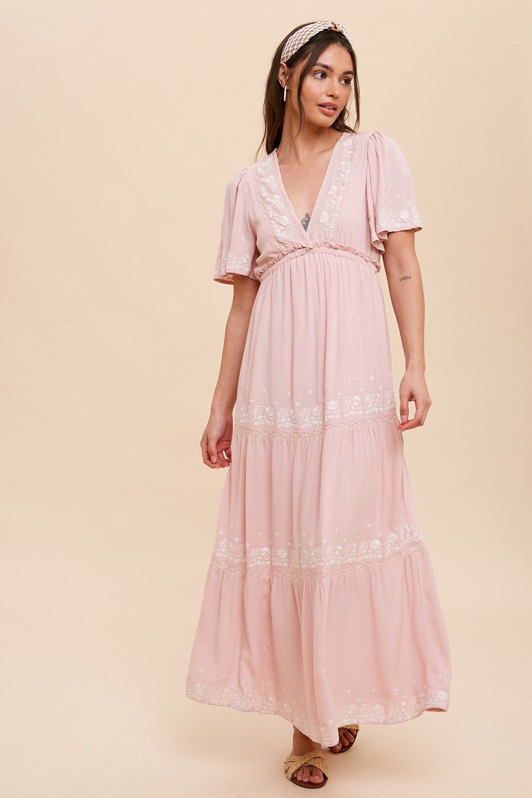 Light Pink Floral Embroidered Tiered Maxi Dress sold by Pinkblush