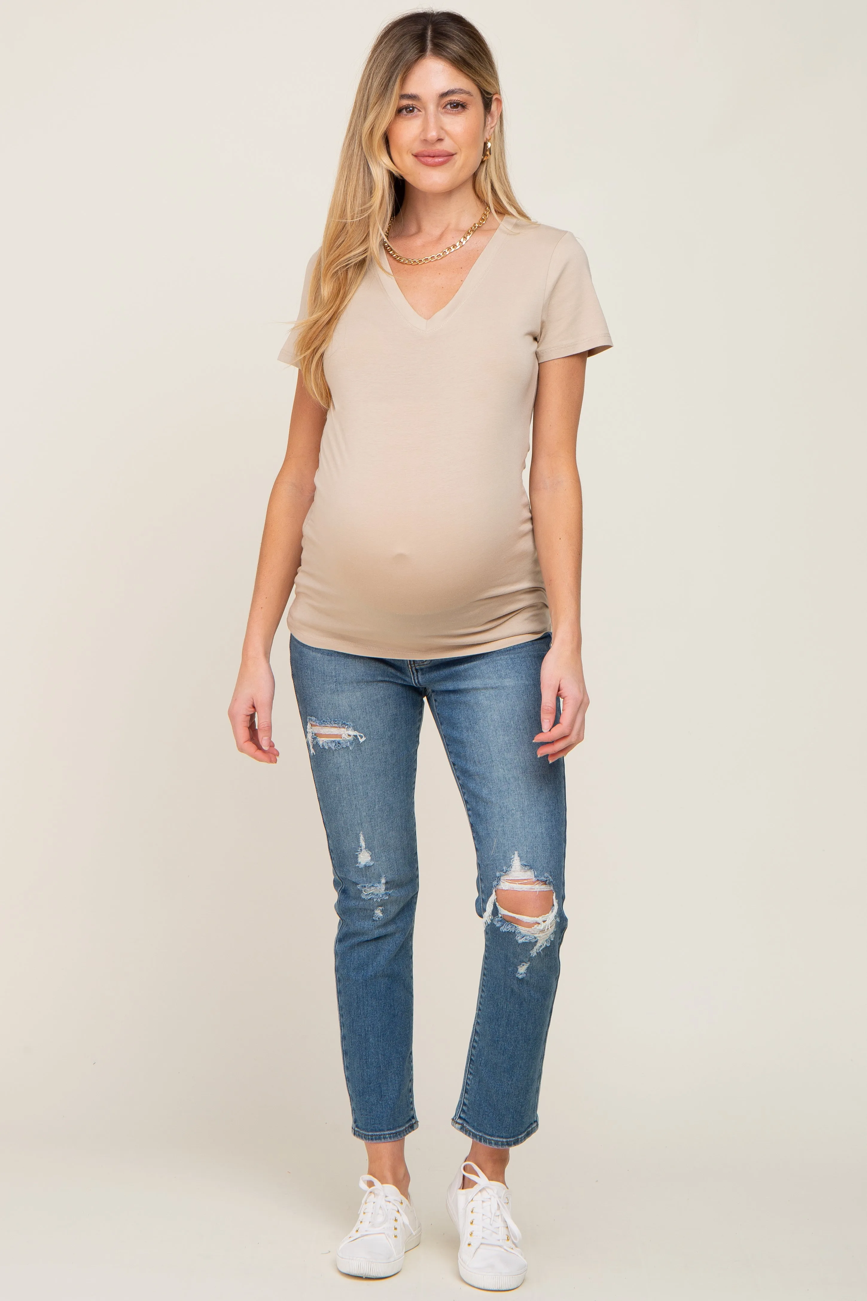Beige Basic V-Neck Maternity Tee sold by Pinkblush product image thumbnail 4
