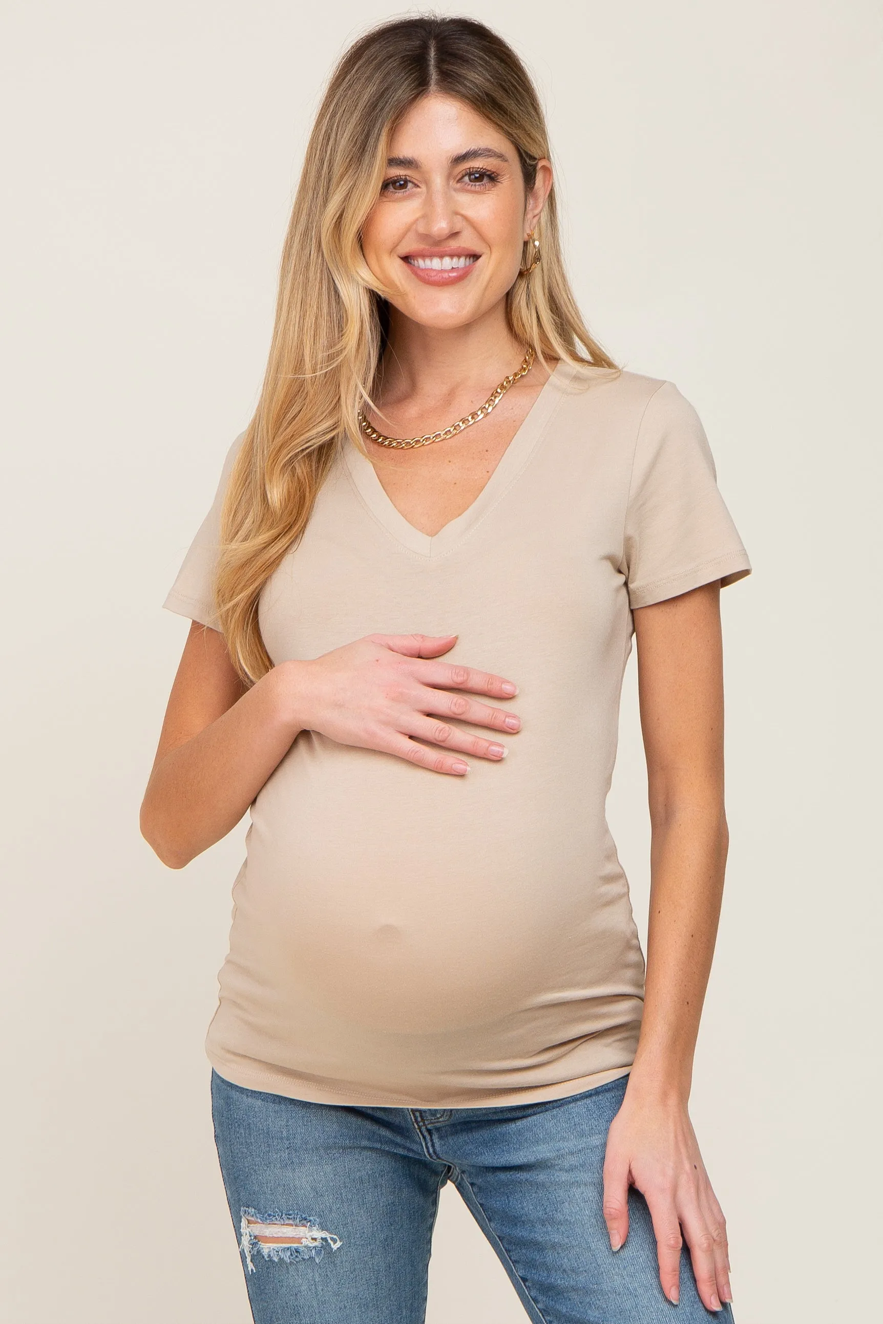 Beige Basic V-Neck Maternity Tee sold by Pinkblush