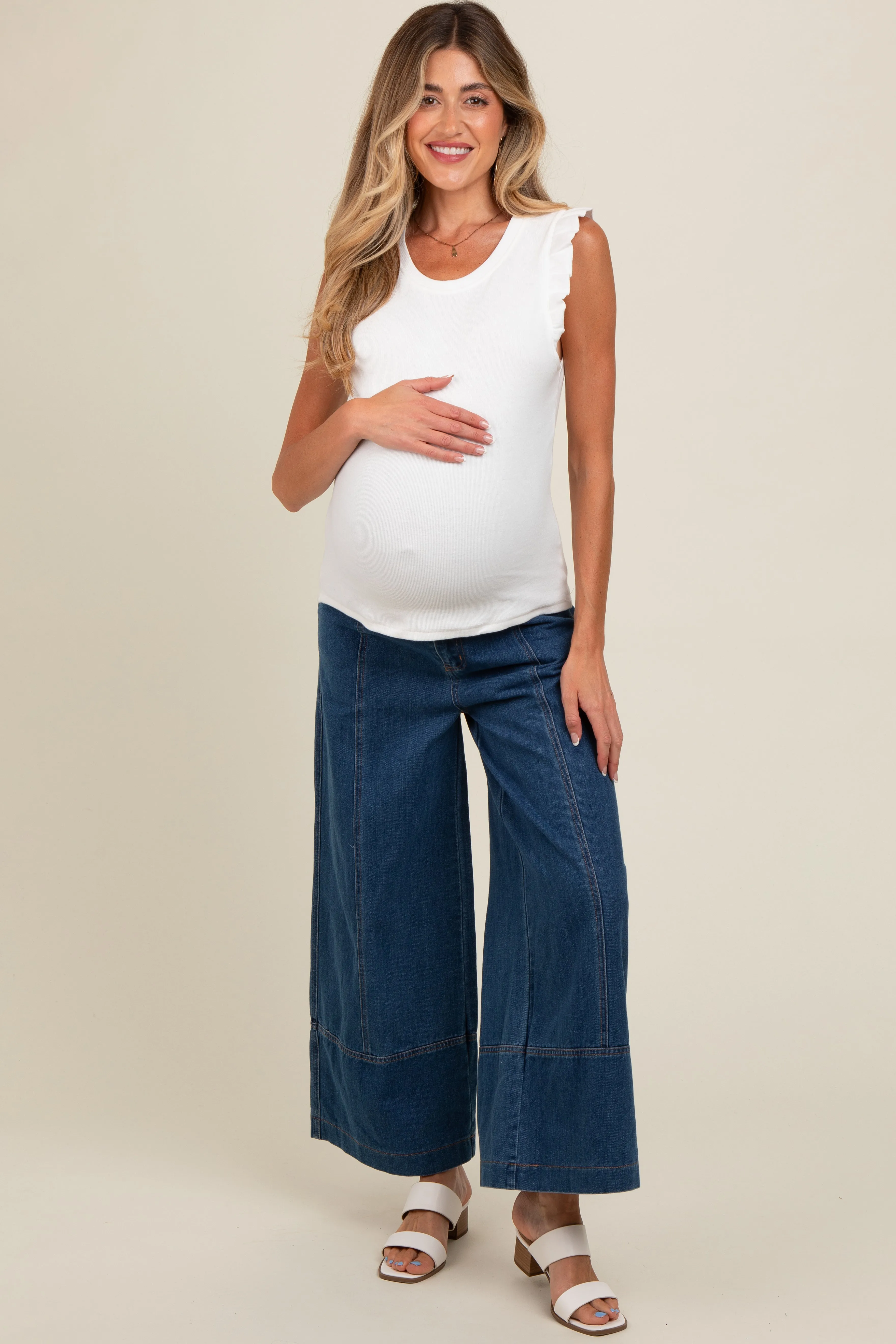 Blue Wide Leg Maternity Ankle Jeans sold by Pinkblush