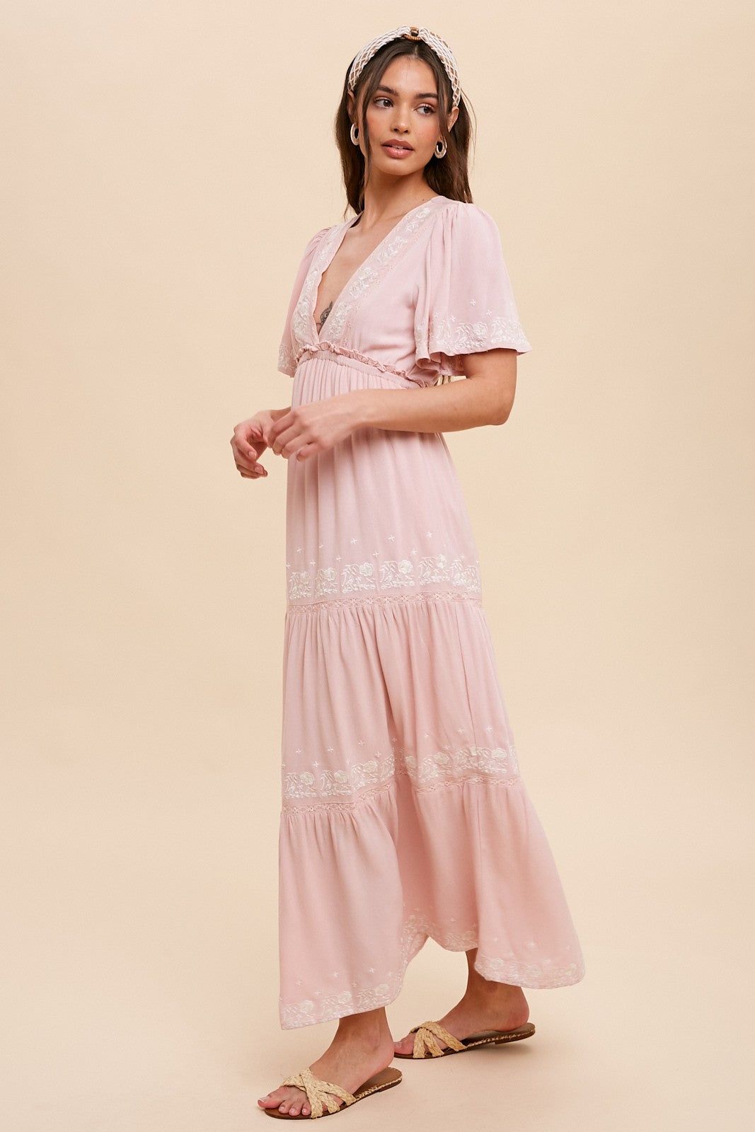 Light Pink Floral Embroidered Tiered Maxi Dress sold by Pinkblush product image thumbnail 2