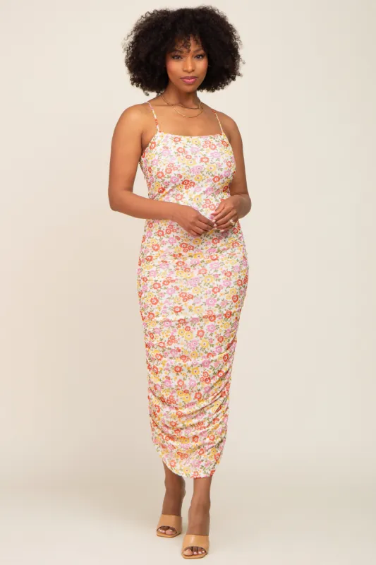 Yellow Floral Mesh Knit Ruched Midi Dress sold by Pinkblush