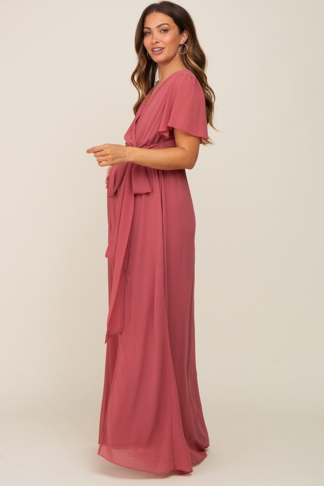 Mauve Chiffon Short Sleeve Wrap V-Neck Front Slit Maternity Maxi Dress sold by Pinkblush product image thumbnail 3