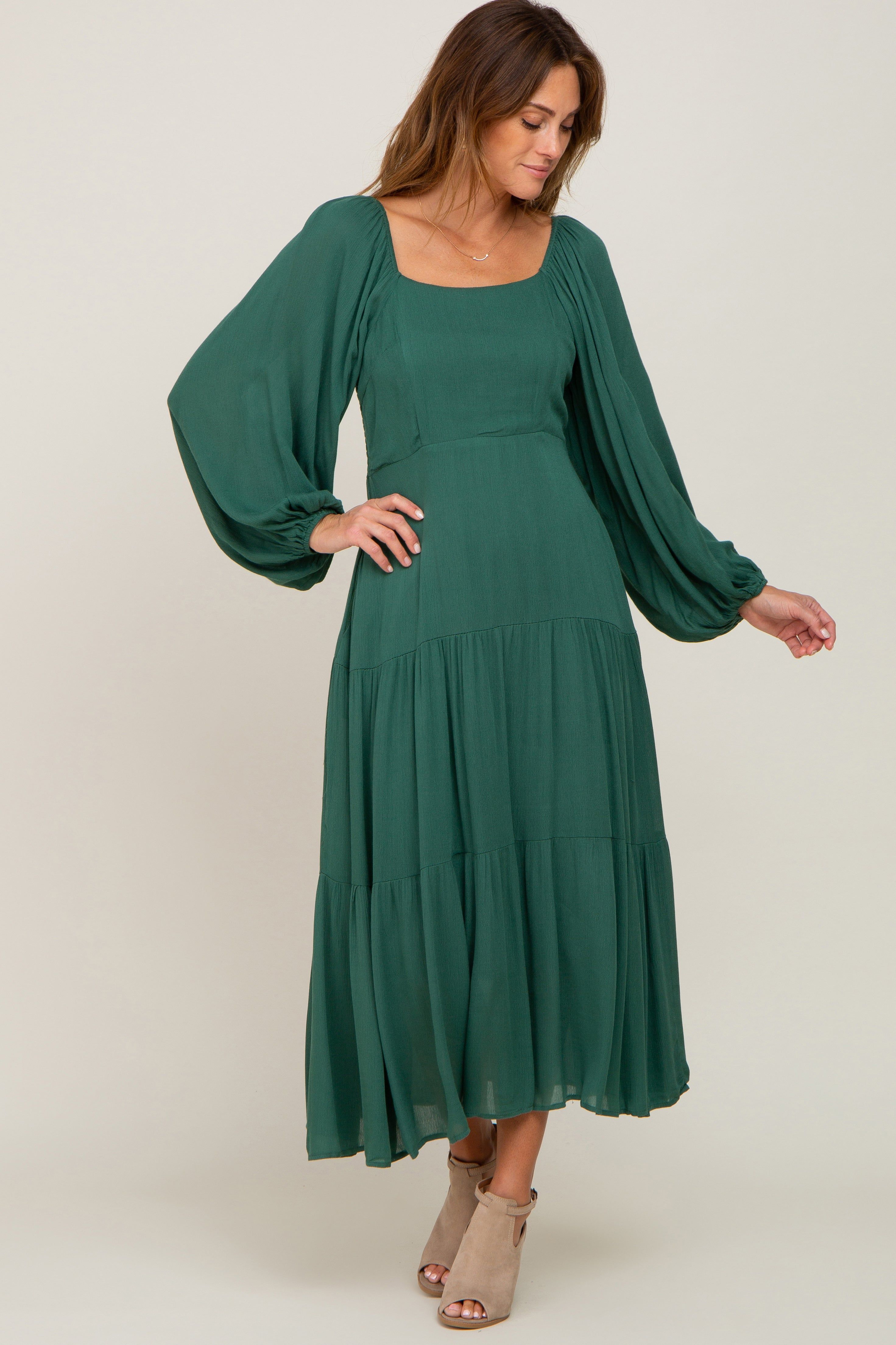 Forest Green Tiered Midi Dress sold by Pinkblush