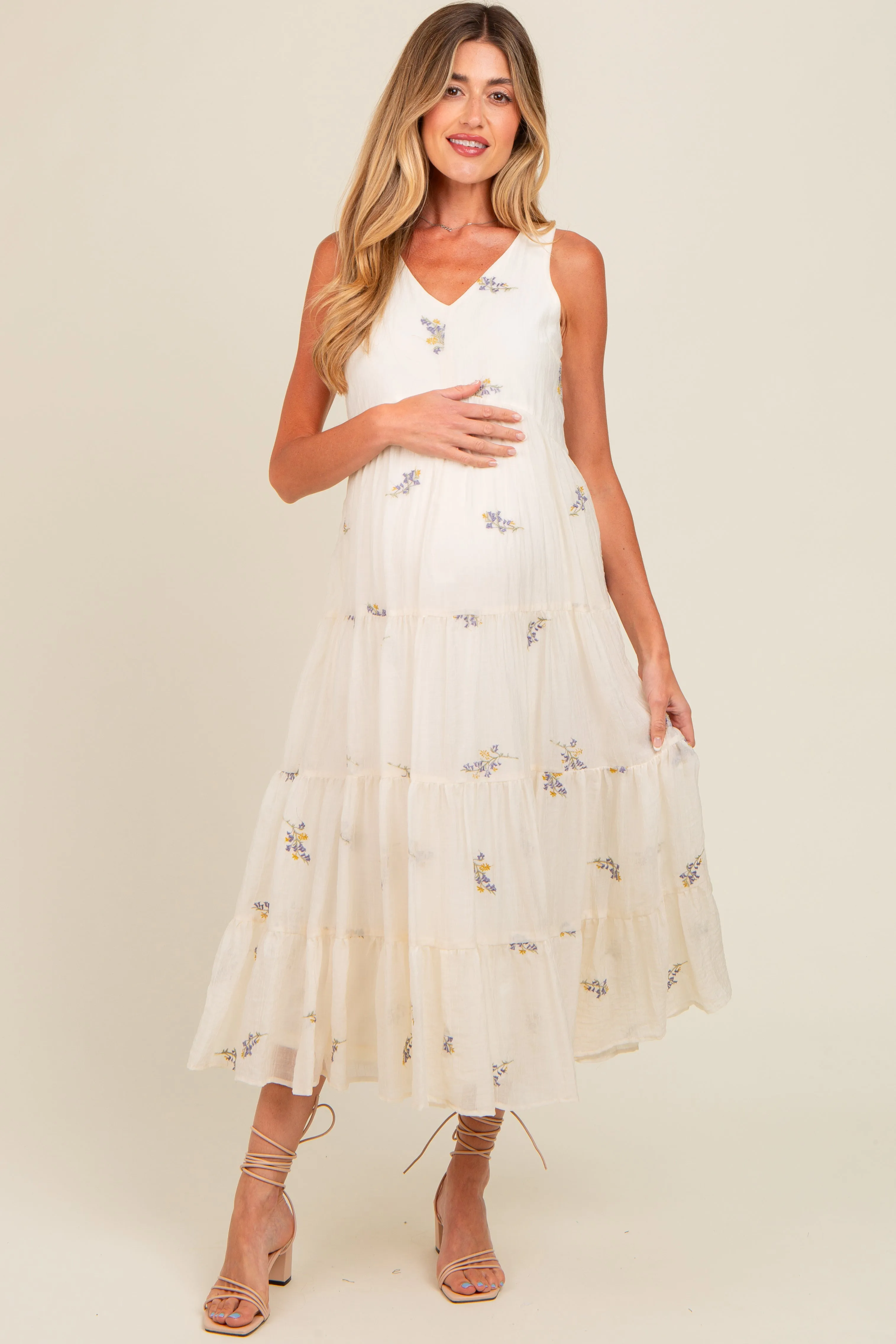 Lavender Ditsy Floral Embroidered V Neck Tiered Maternity Dress sold by Pinkblush product image thumbnail 2