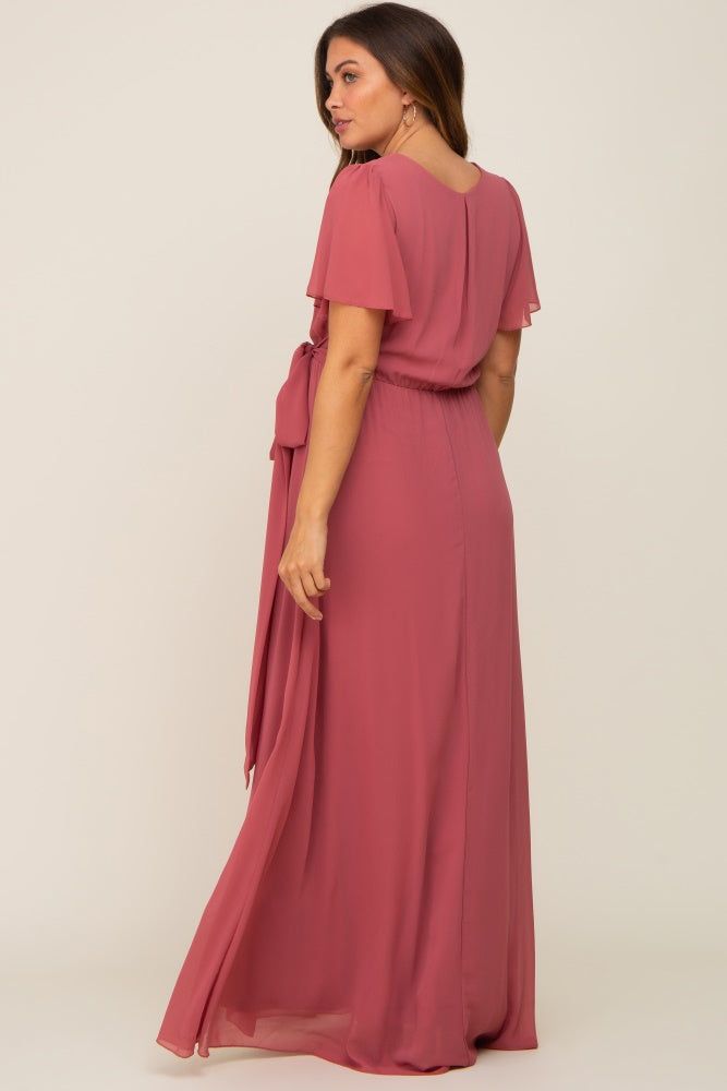 Mauve Chiffon Short Sleeve Wrap V-Neck Front Slit Maternity Maxi Dress sold by Pinkblush product image thumbnail 4
