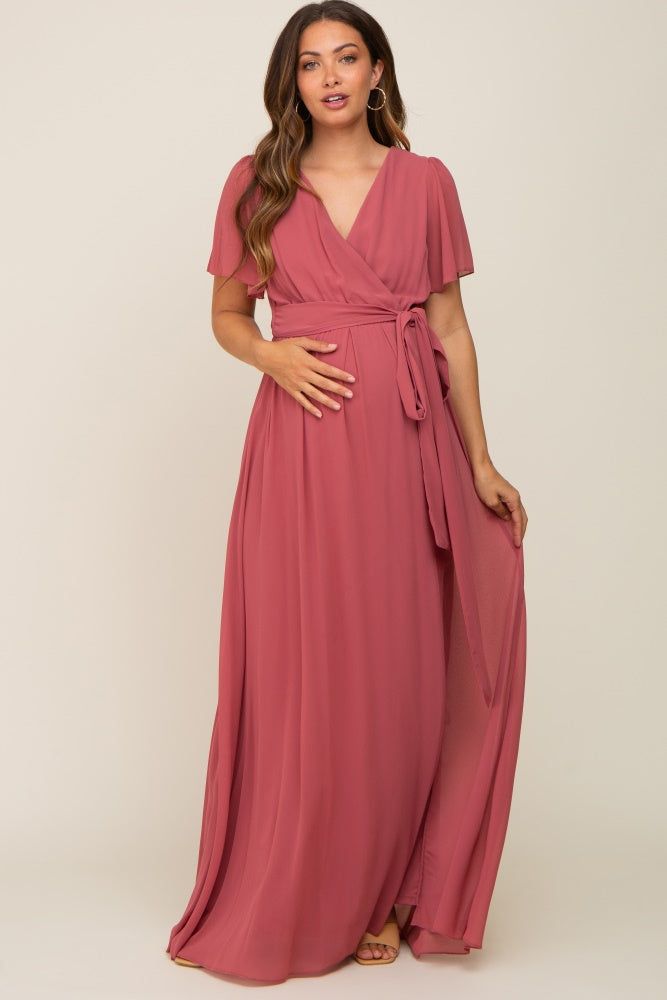 Mauve Chiffon Short Sleeve Wrap V-Neck Front Slit Maternity Maxi Dress sold by Pinkblush