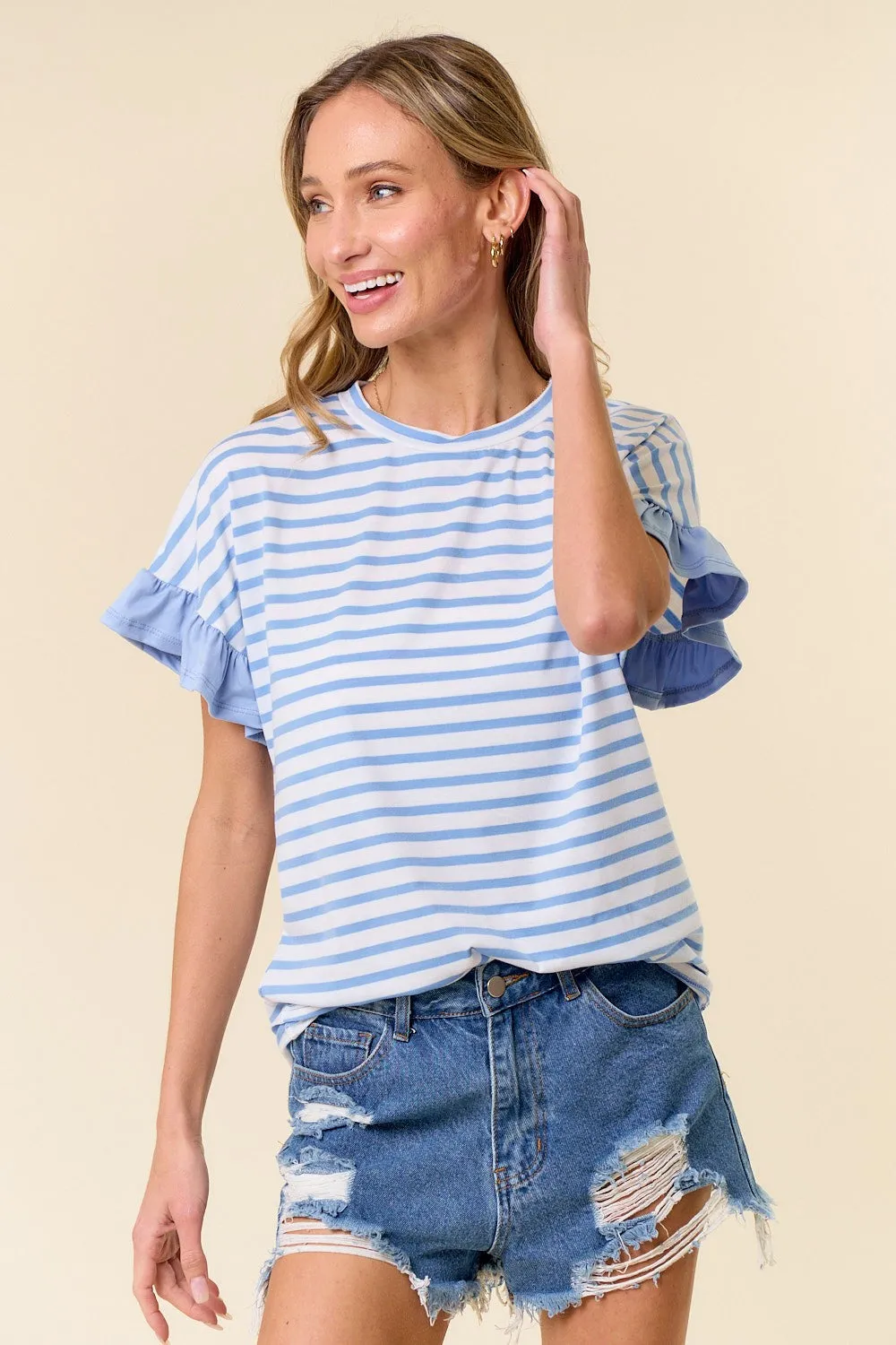 Light Blue Striped Ruffle Sleeve Top sold by Pinkblush