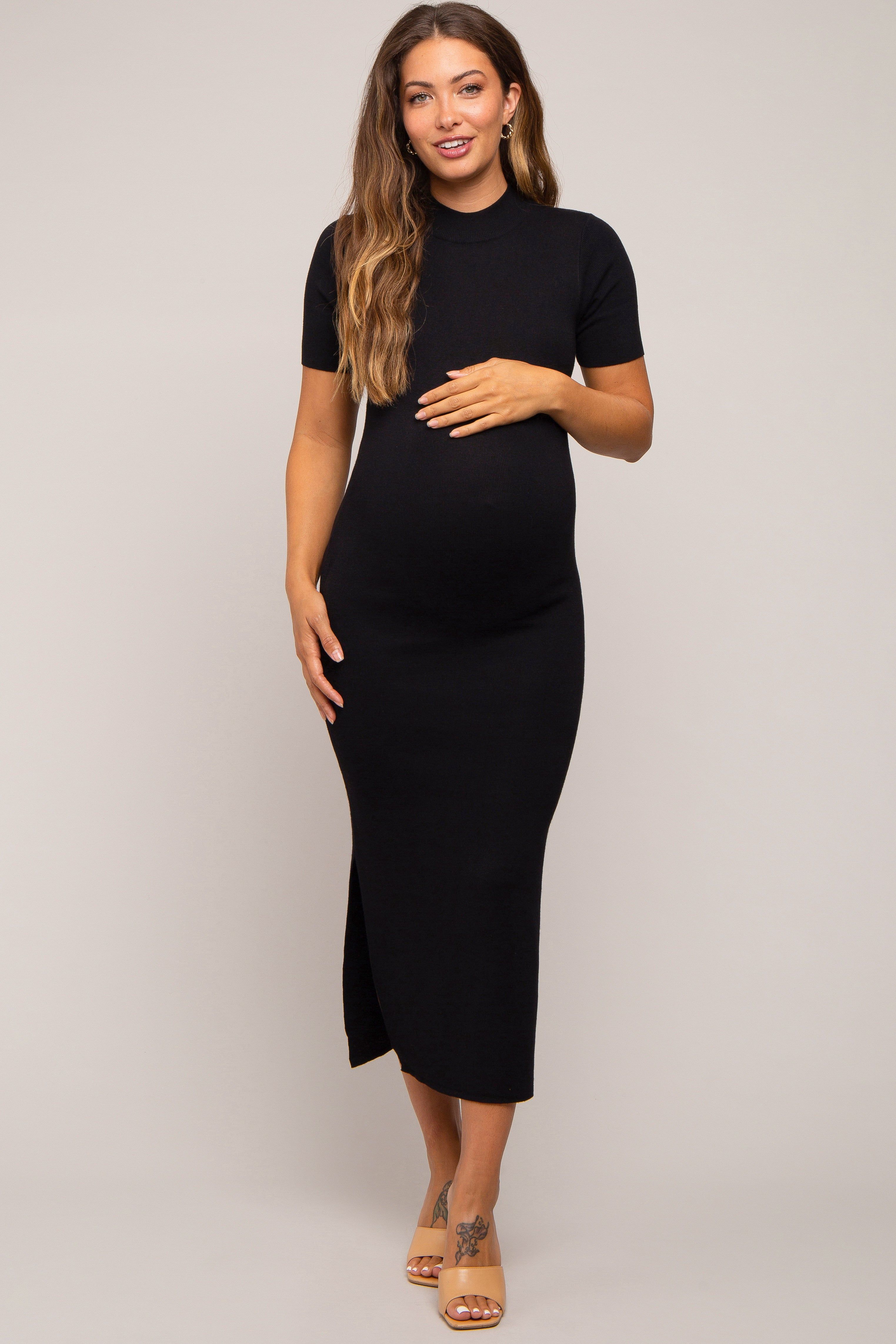 Black Knit Fitted Mock Neck Maternity Midi Dress sold by Pinkblush