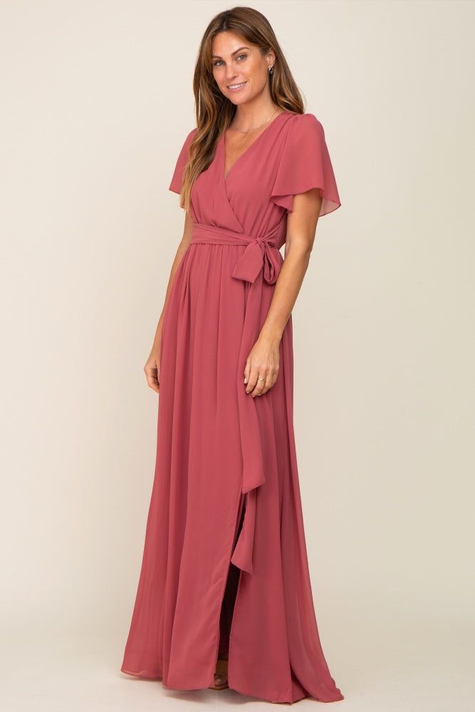 Mauve Chiffon Short Sleeve Wrap V-Neck Front Slit Maternity Maxi Dress sold by Pinkblush product image thumbnail 5