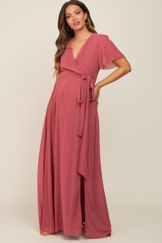 Mauve Chiffon Short Sleeve Wrap V-Neck Front Slit Maternity Maxi Dress sold by Pinkblush product image thumbnail 2