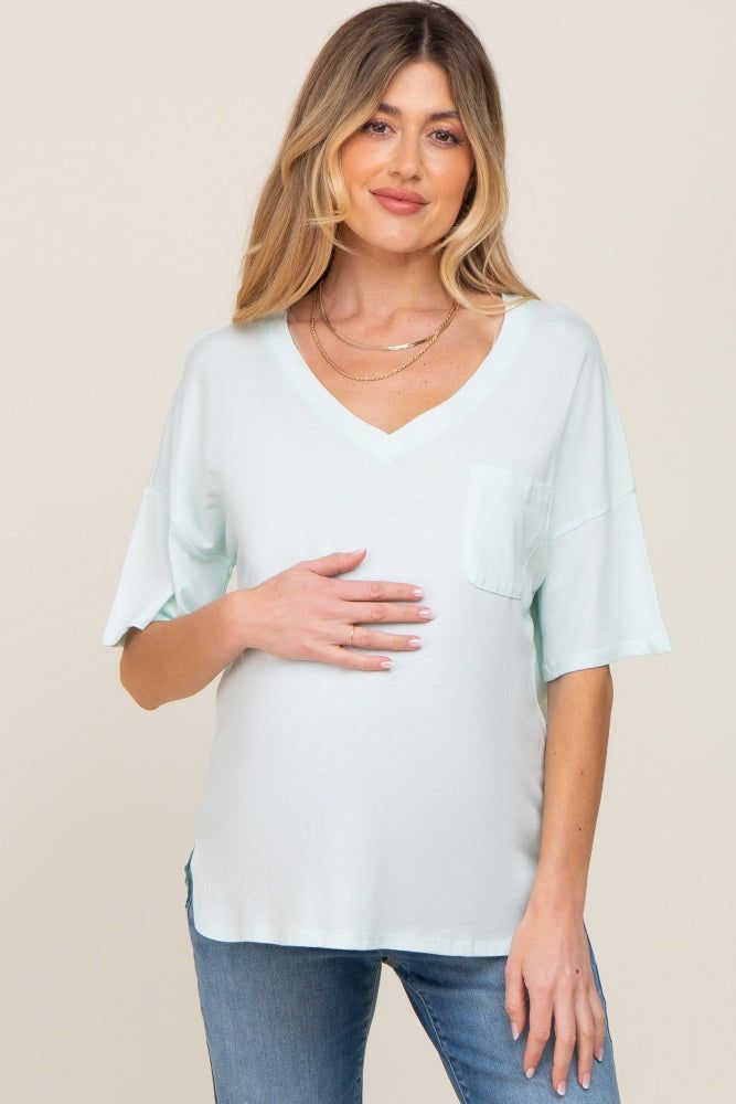 Mint Pocketed V-Neck Maternity Top sold by Pinkblush
