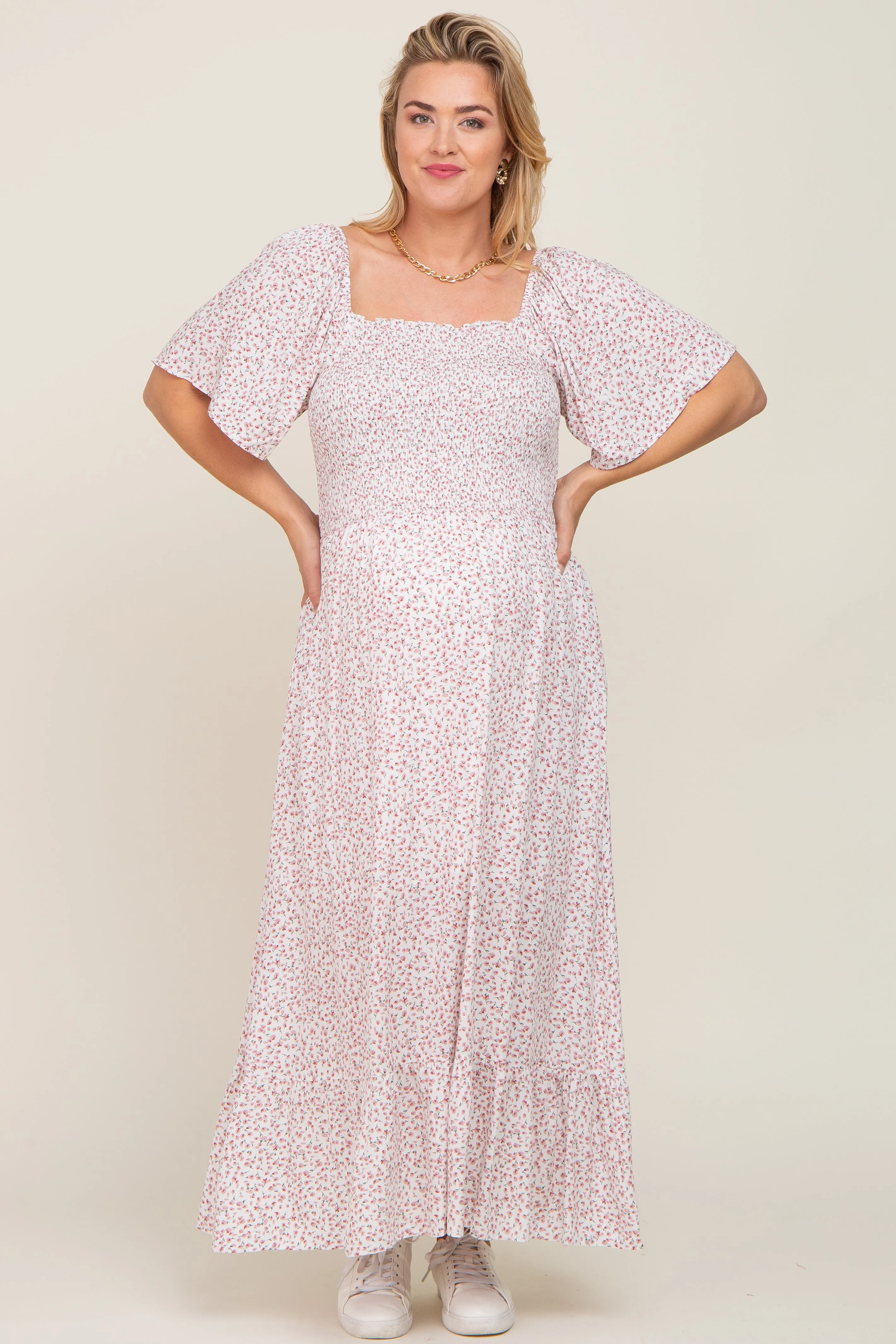 Ivory Floral Smocked Flounce Sleeve Maternity Plus Maxi Dress sold by Pinkblush
